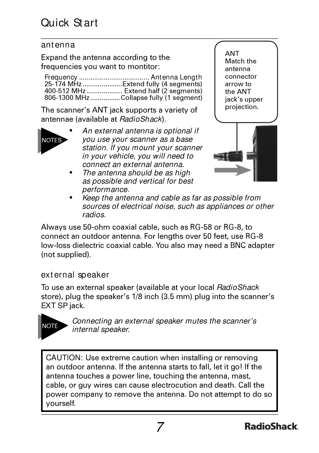 Radio Shack PRO-433 Antenna, External speaker, Connecting an external speaker mutes the scanner’s, Internal speaker 