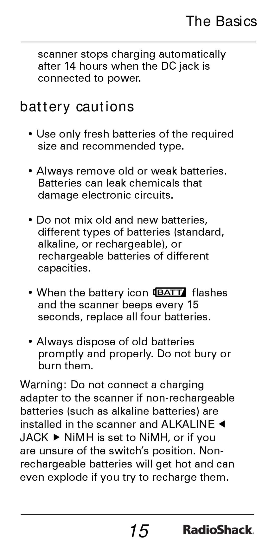 Radio Shack PRO-528 manual Battery cautions 