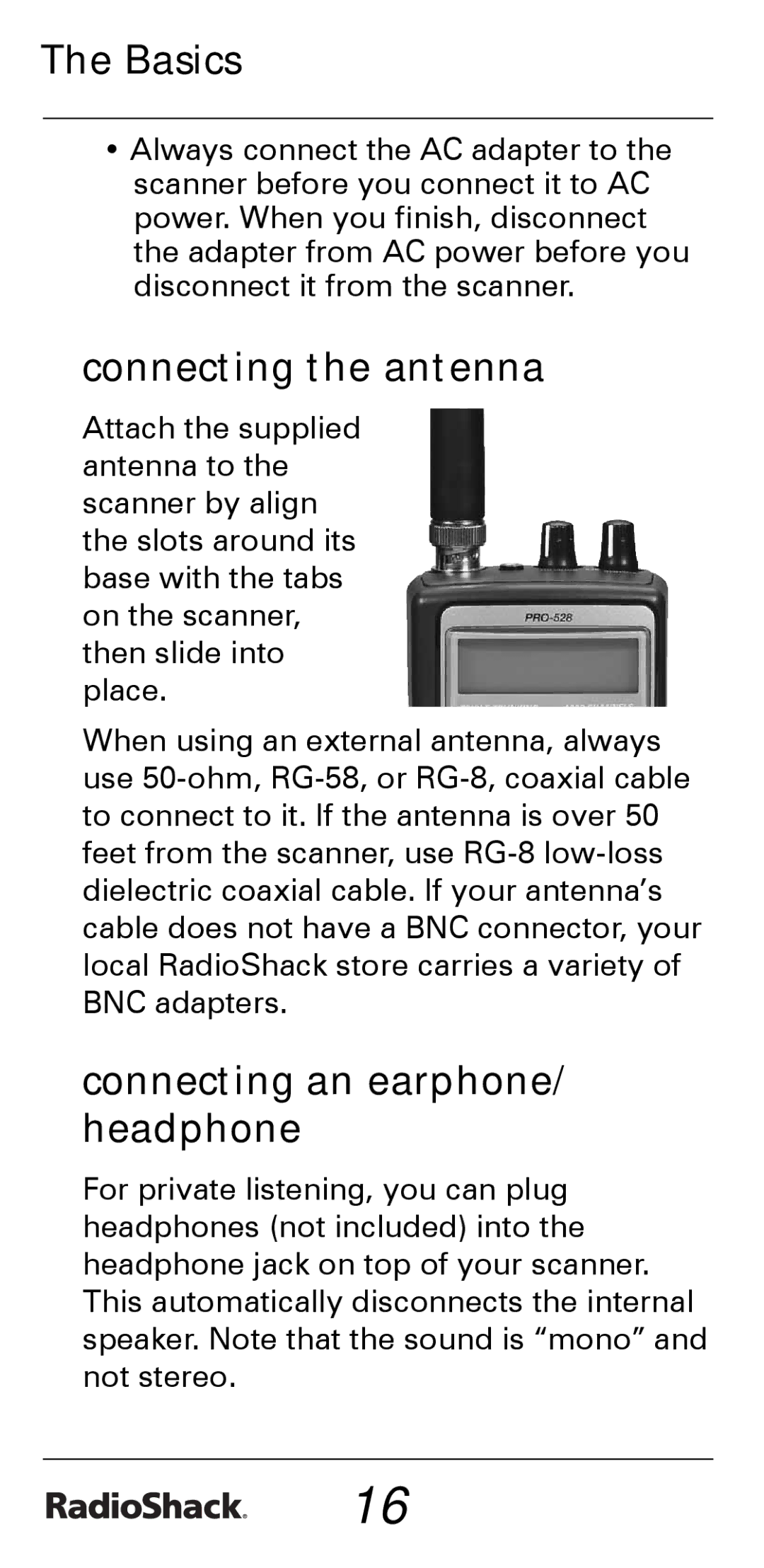 Radio Shack PRO-528 manual Connecting the antenna, Connecting an earphone/ headphone 