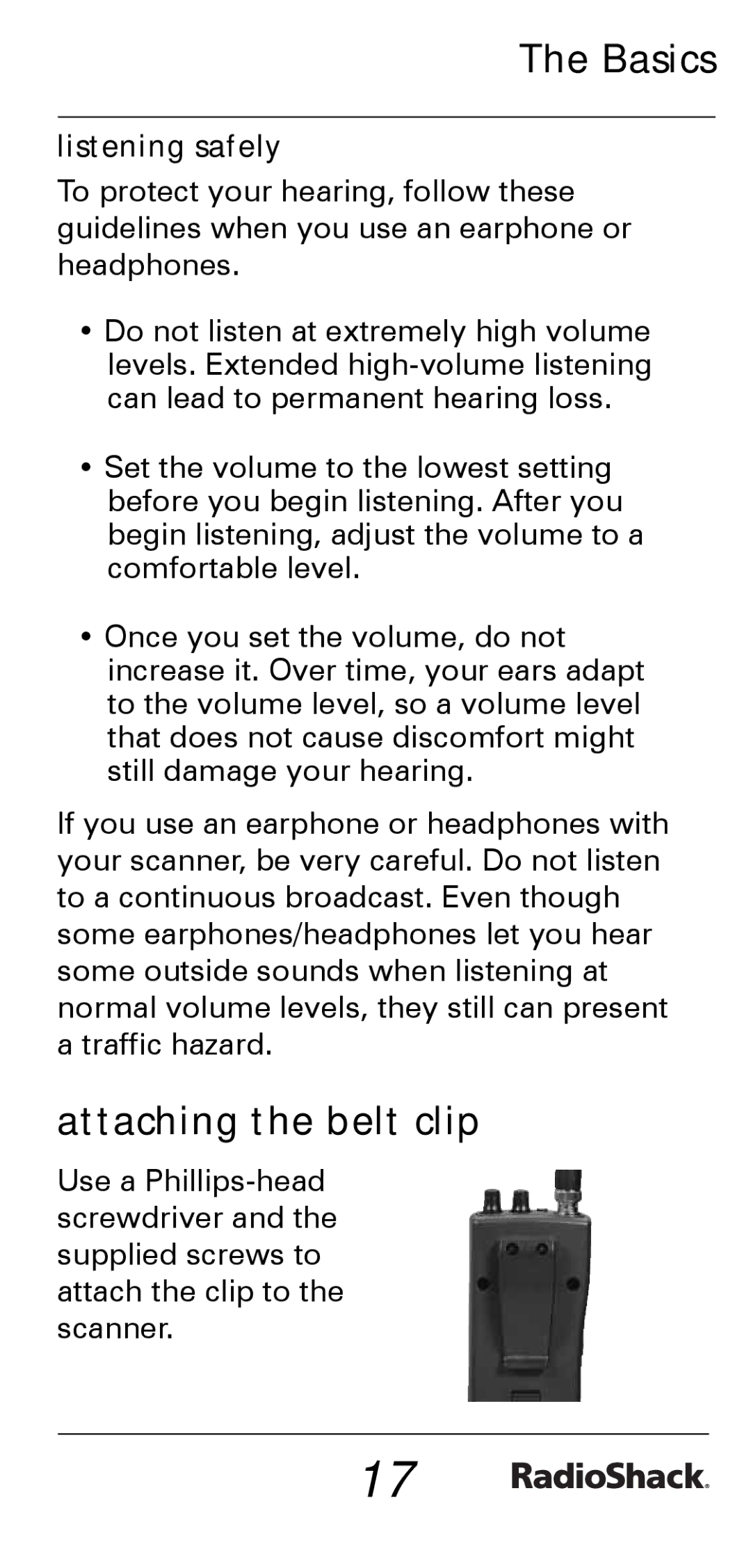 Radio Shack PRO-528 manual Attaching the belt clip, Listening safely 