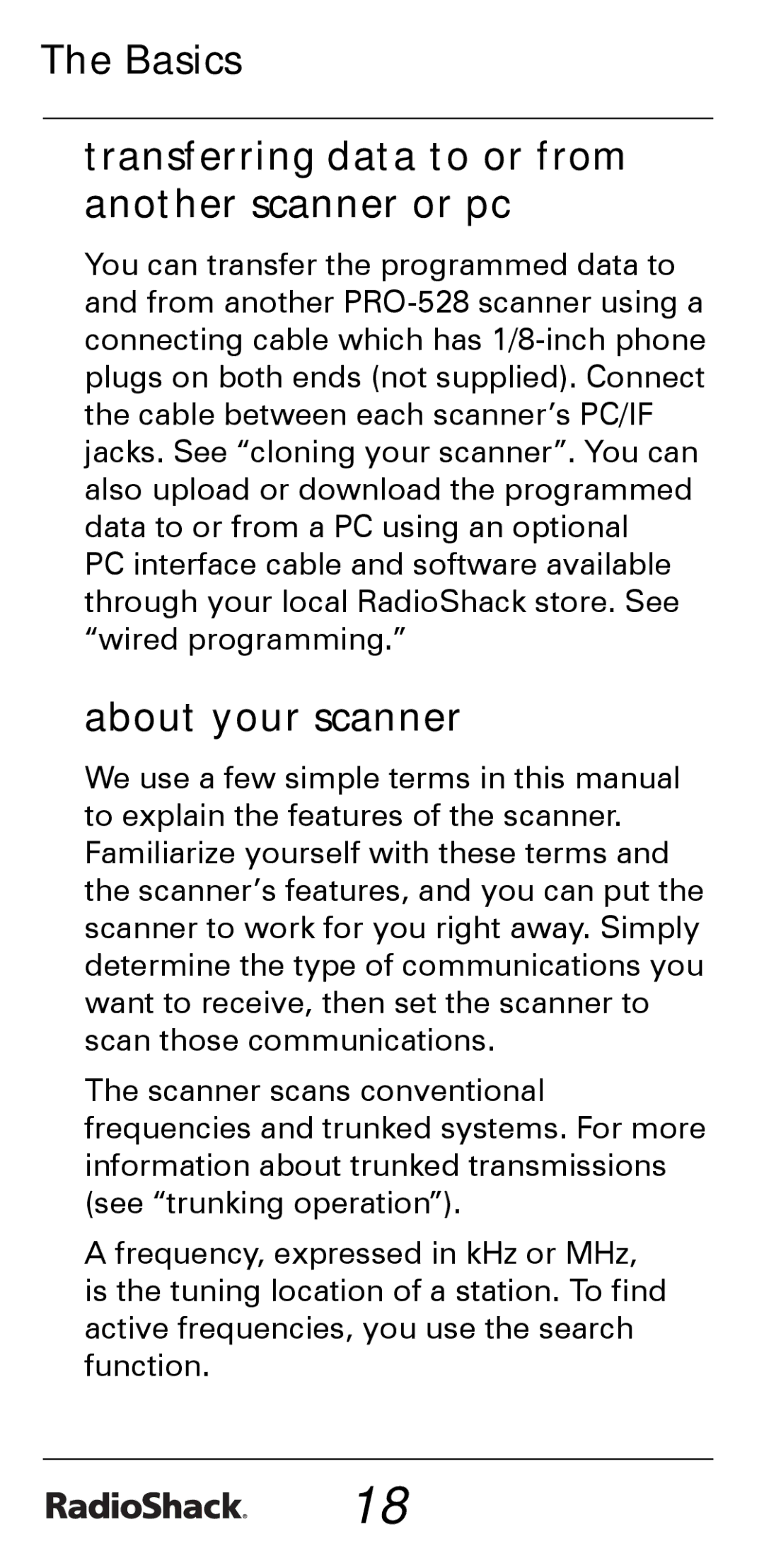 Radio Shack PRO-528 manual Basics Transferring data to or from another scanner or pc, About your scanner 