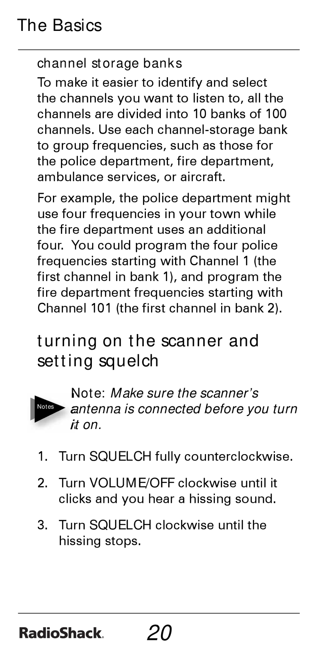 Radio Shack PRO-528 manual Turning on the scanner and setting squelch, Channel storage banks 