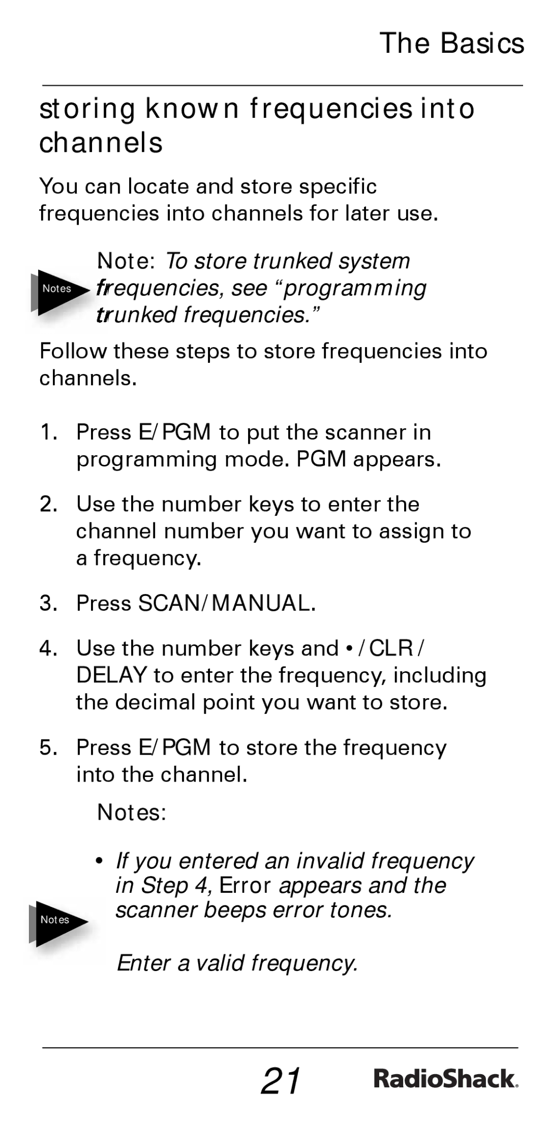 Radio Shack PRO-528 manual Basics Storing known frequencies into channels, Press SCAN/MANUAL 