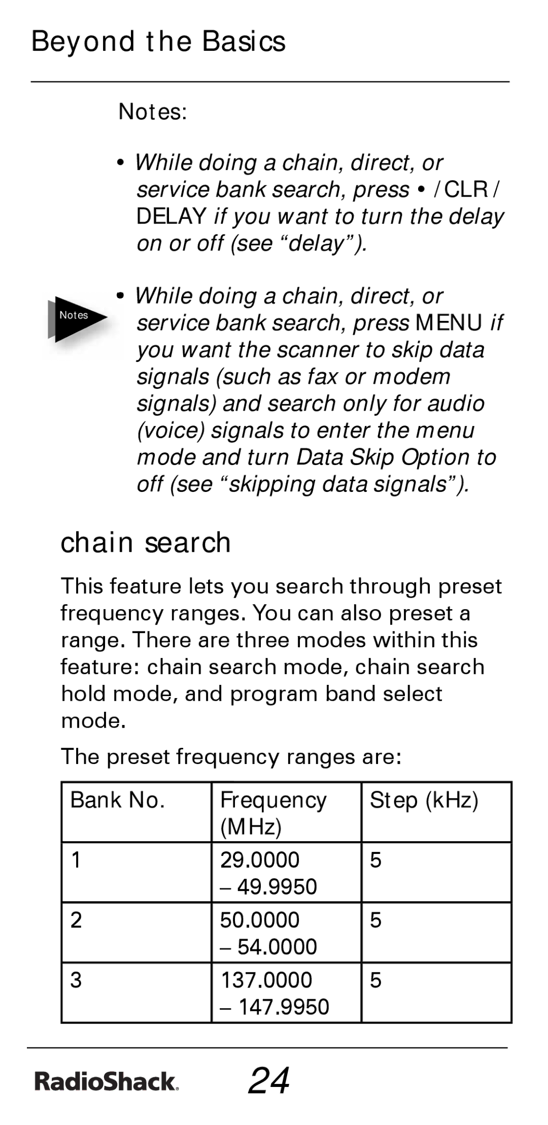 Radio Shack PRO-528 manual Chain search, Bank No Frequency Step kHz MHz 