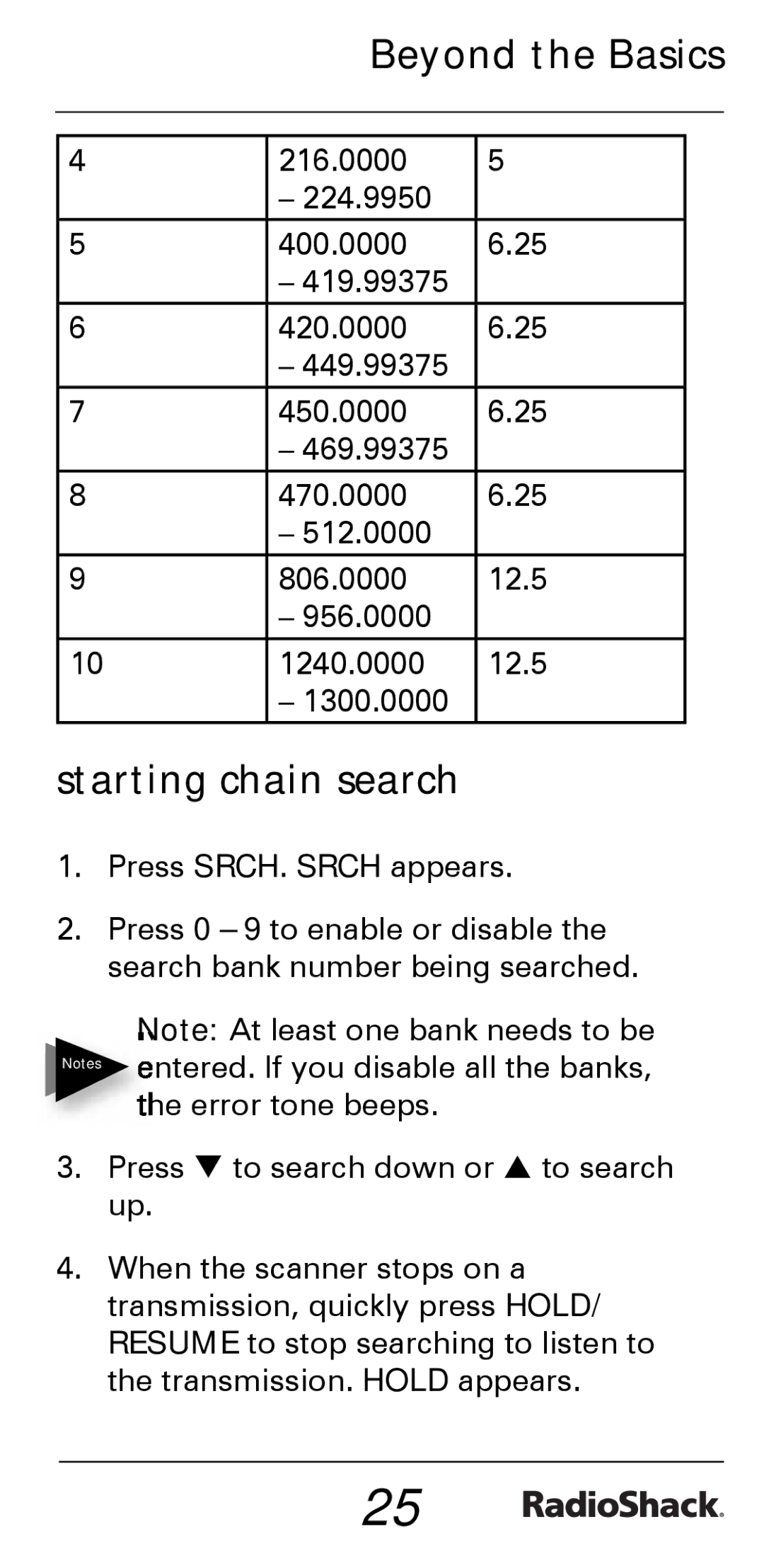 Radio Shack PRO-528 manual Starting chain search 