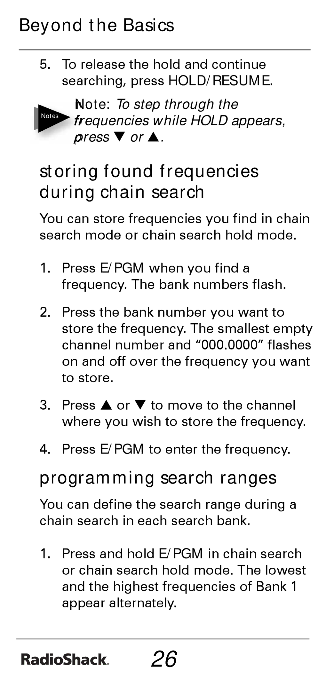 Radio Shack PRO-528 manual Storing found frequencies during chain search, Programming search ranges 