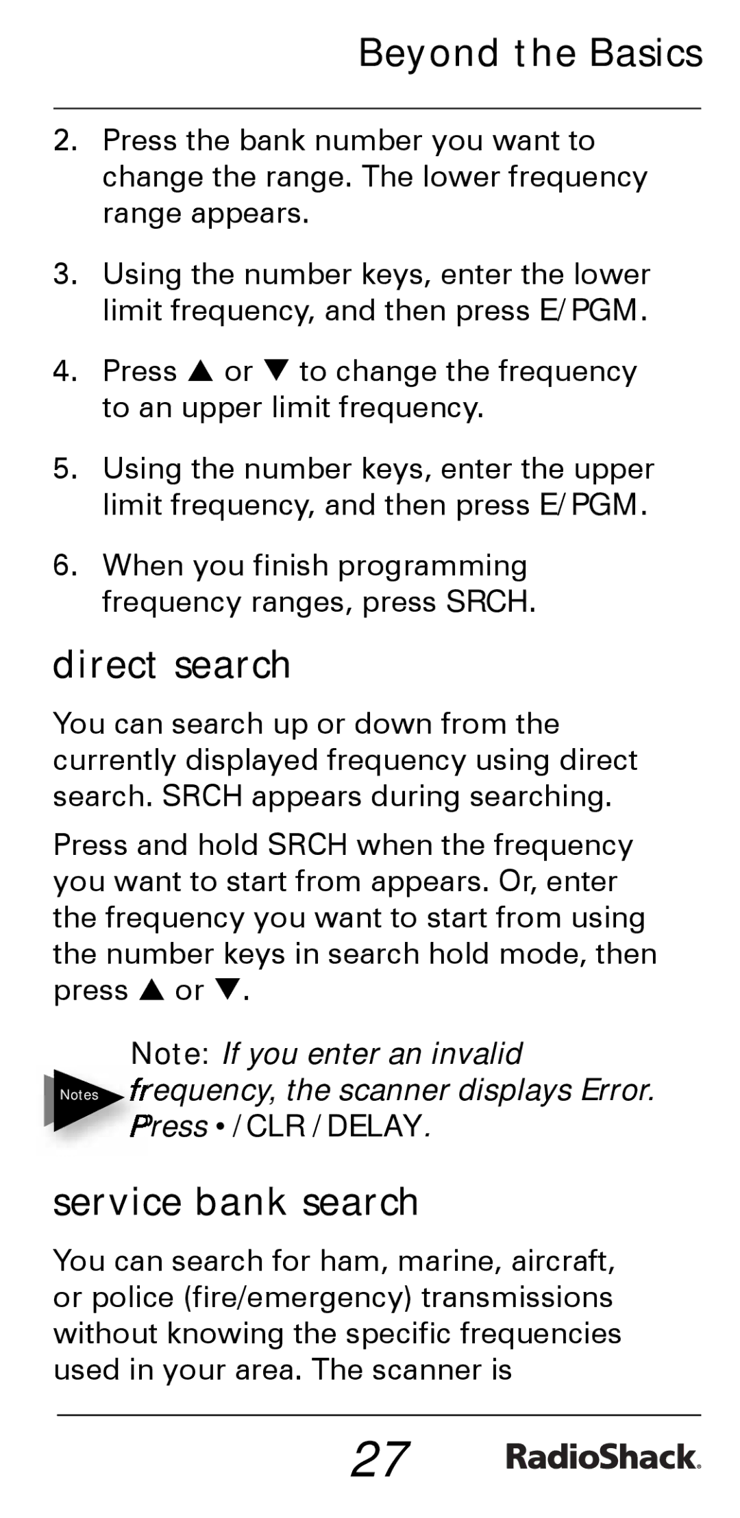 Radio Shack PRO-528 manual Direct search, Service bank search 