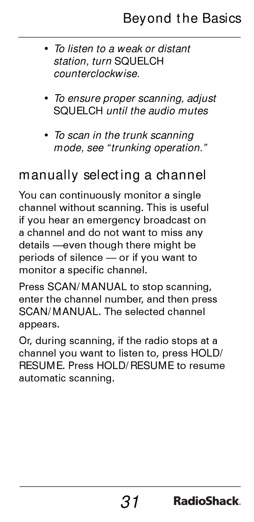 Radio Shack PRO-528 manual Manually selecting a channel 