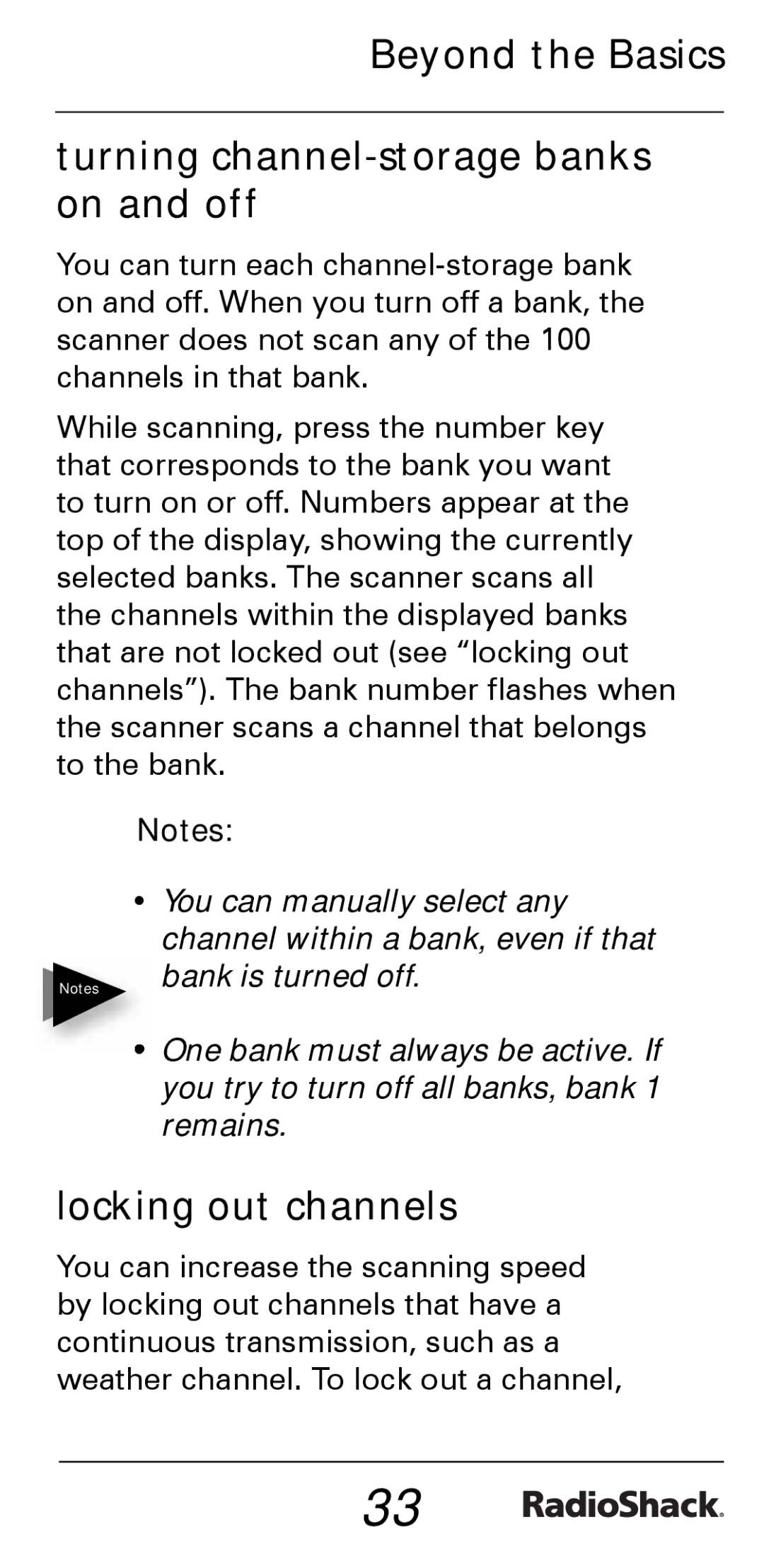 Radio Shack PRO-528 manual Beyond the Basics Turning channel-storage banks on and off, Locking out channels 