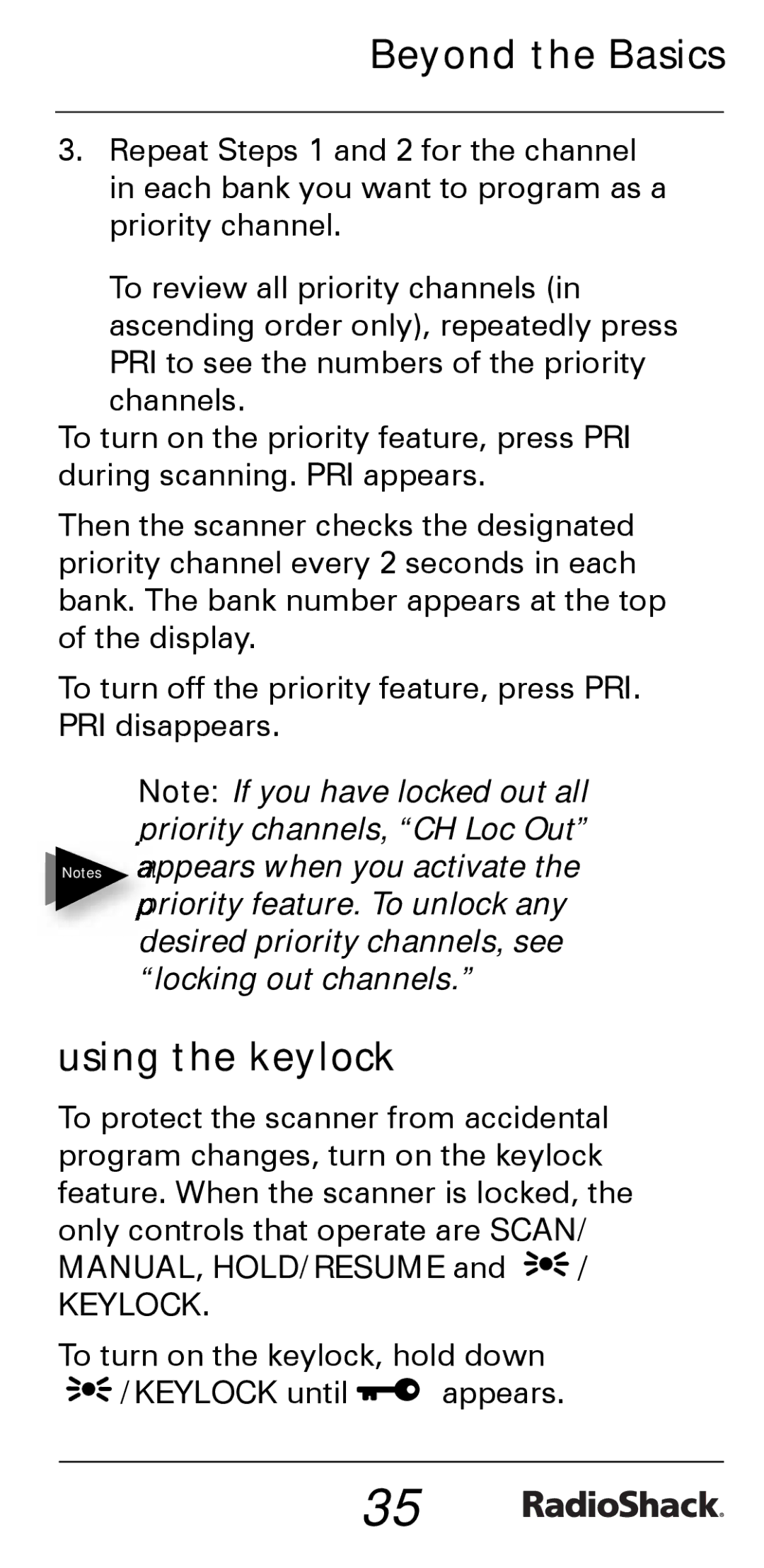 Radio Shack PRO-528 manual Using the keylock, Manual, Hold/Resume 