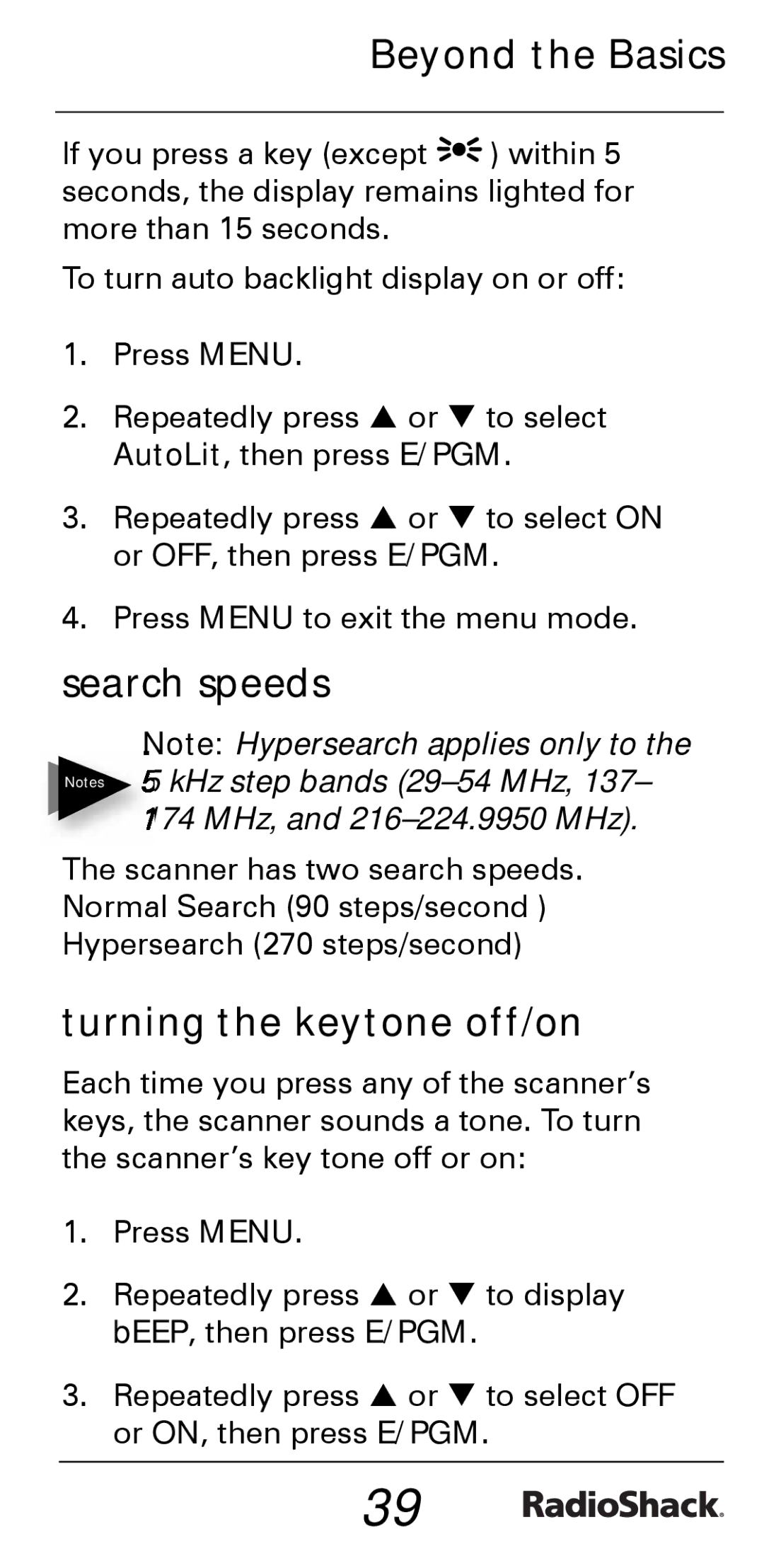 Radio Shack PRO-528 manual Search speeds, Turning the keytone off/on 