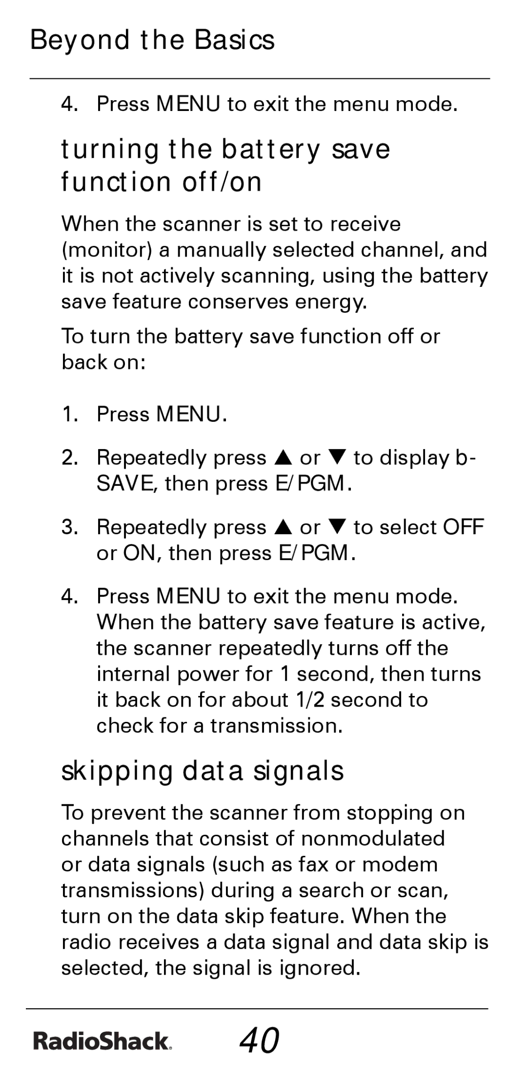 Radio Shack PRO-528 manual Turning the battery save function off/on, Skipping data signals 