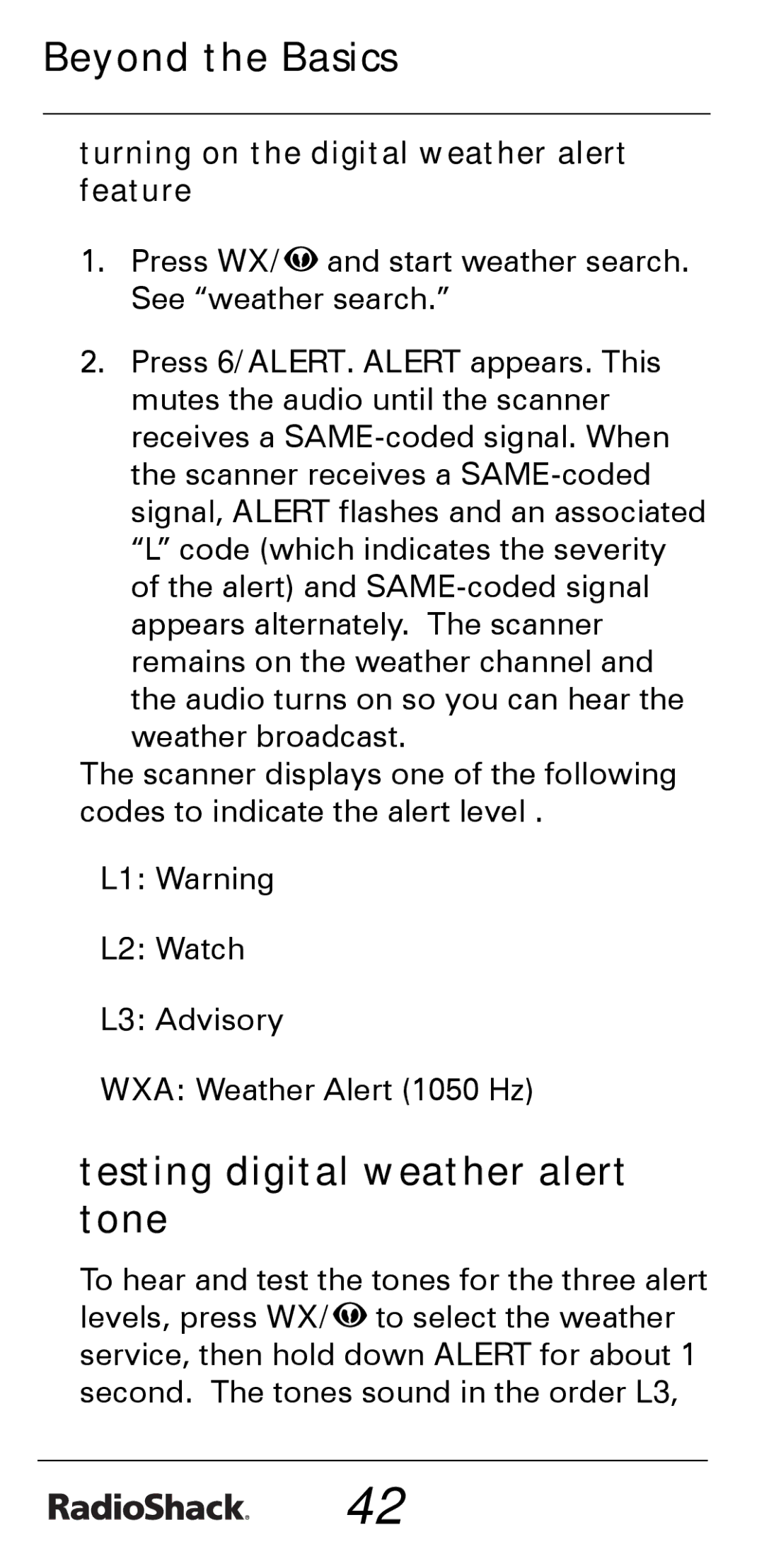 Radio Shack PRO-528 manual Testing digital weather alert tone, Turning on the digital weather alert feature 