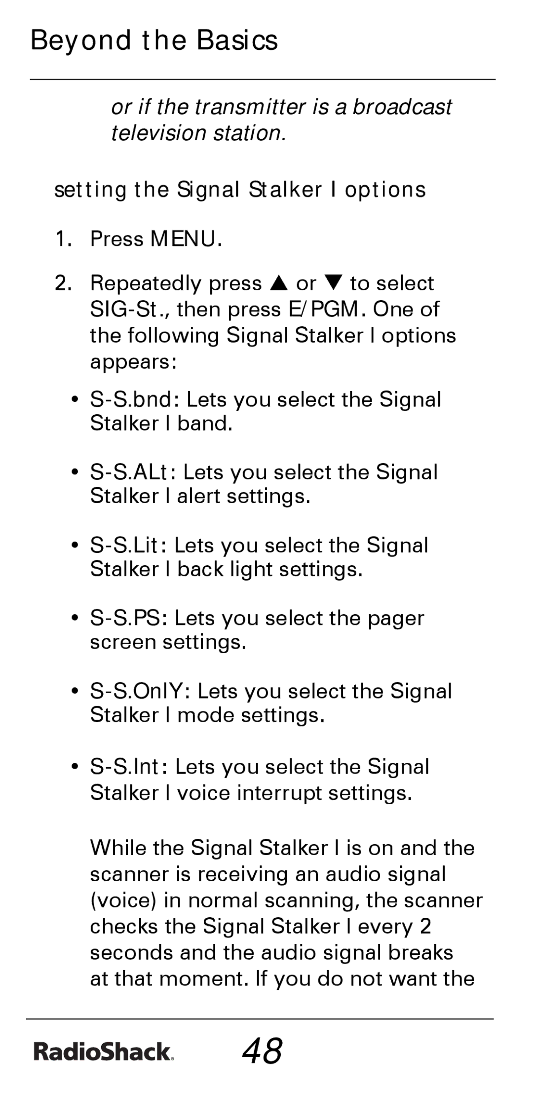 Radio Shack PRO-528 manual Setting the Signal Stalker I options 