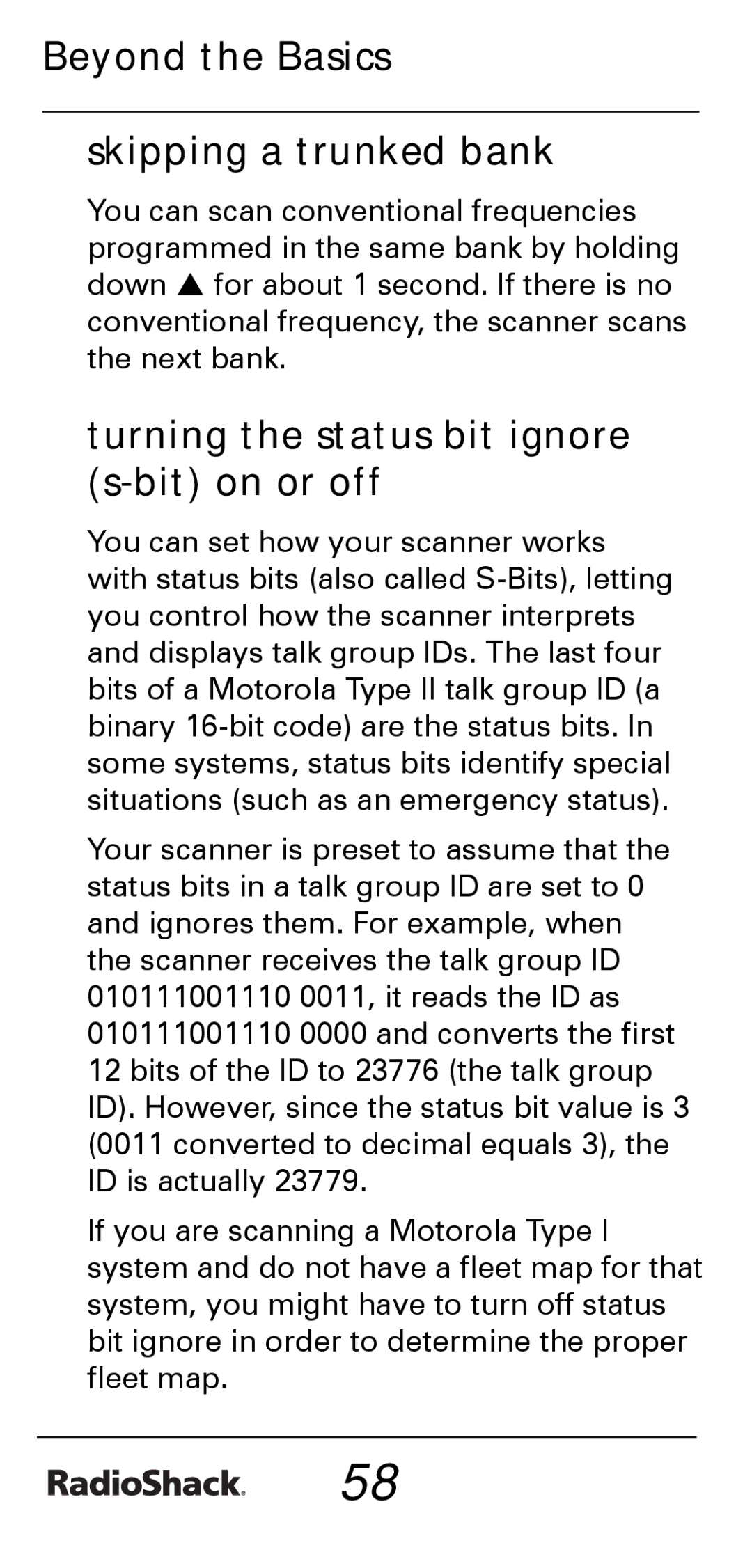 Radio Shack PRO-528 manual Beyond the Basics Skipping a trunked bank, Turning the status bit ignore s-bit on or off 