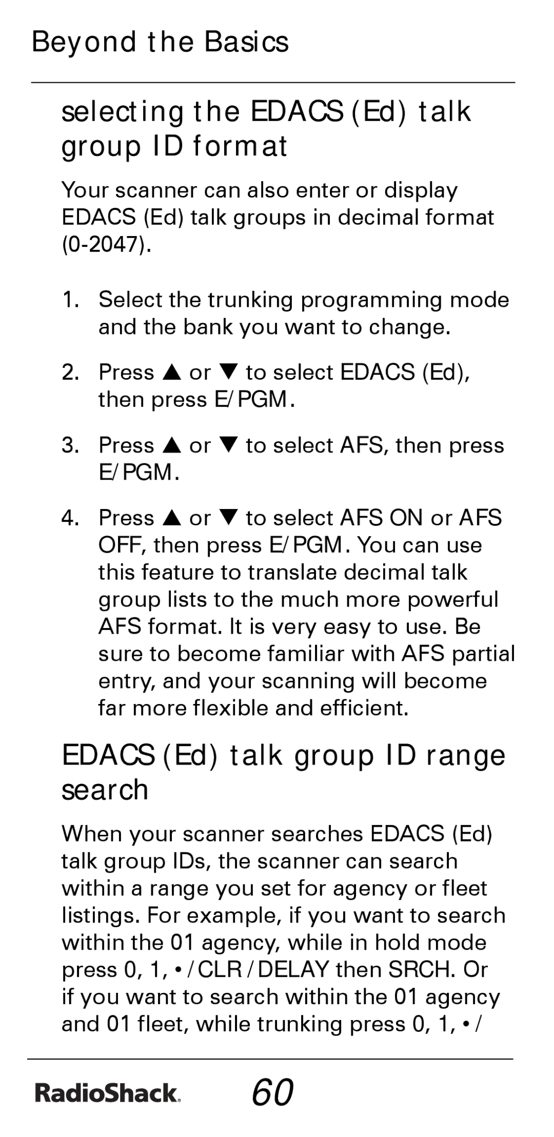 Radio Shack PRO-528 manual Edacs Ed talk group ID range search 