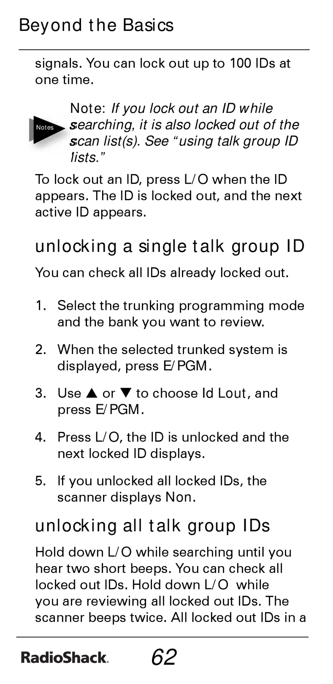 Radio Shack PRO-528 manual Unlocking a single talk group ID, Unlocking all talk group IDs 