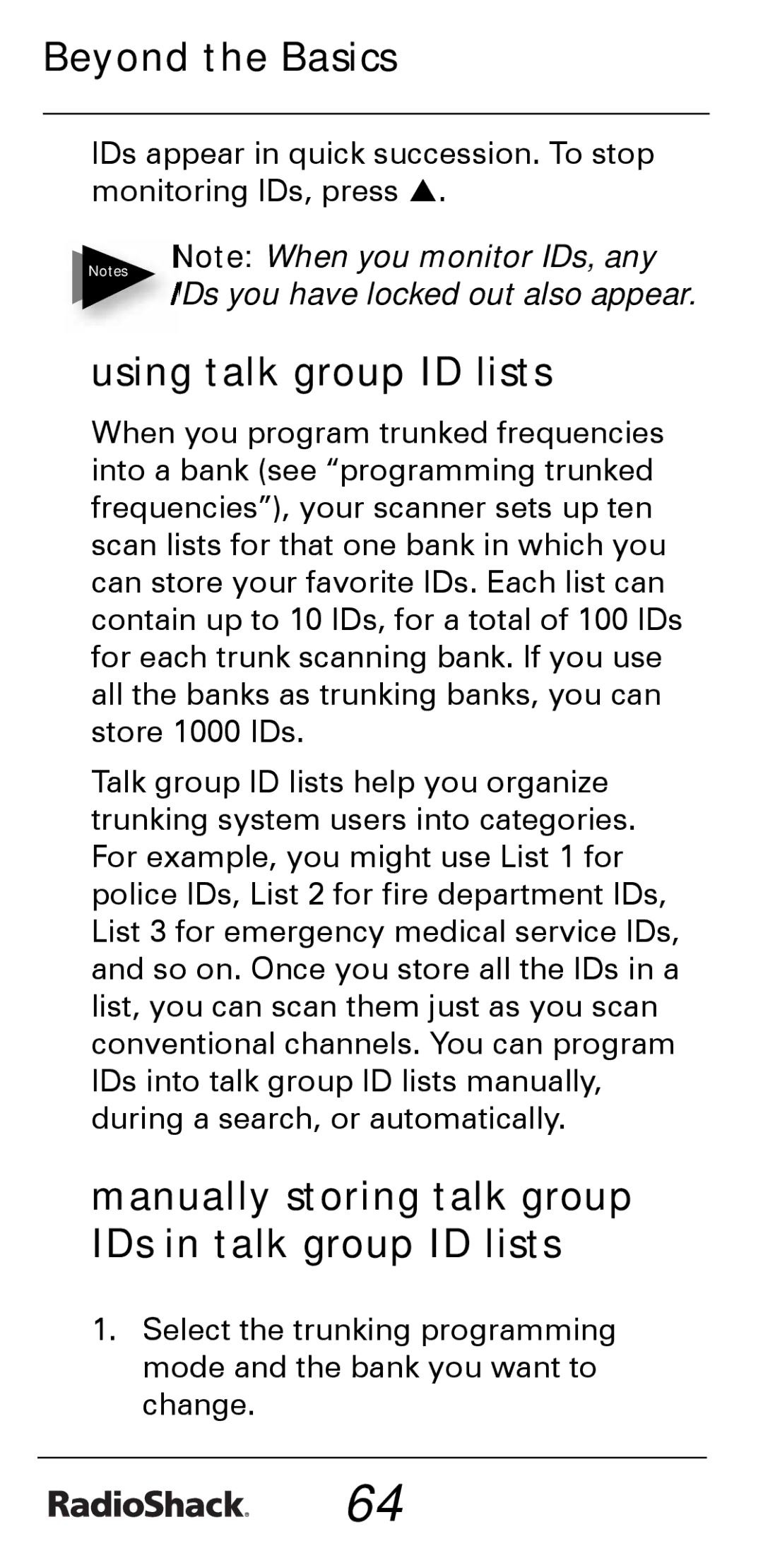 Radio Shack PRO-528 manual Using talk group ID lists, Manually storing talk group IDs in talk group ID lists 