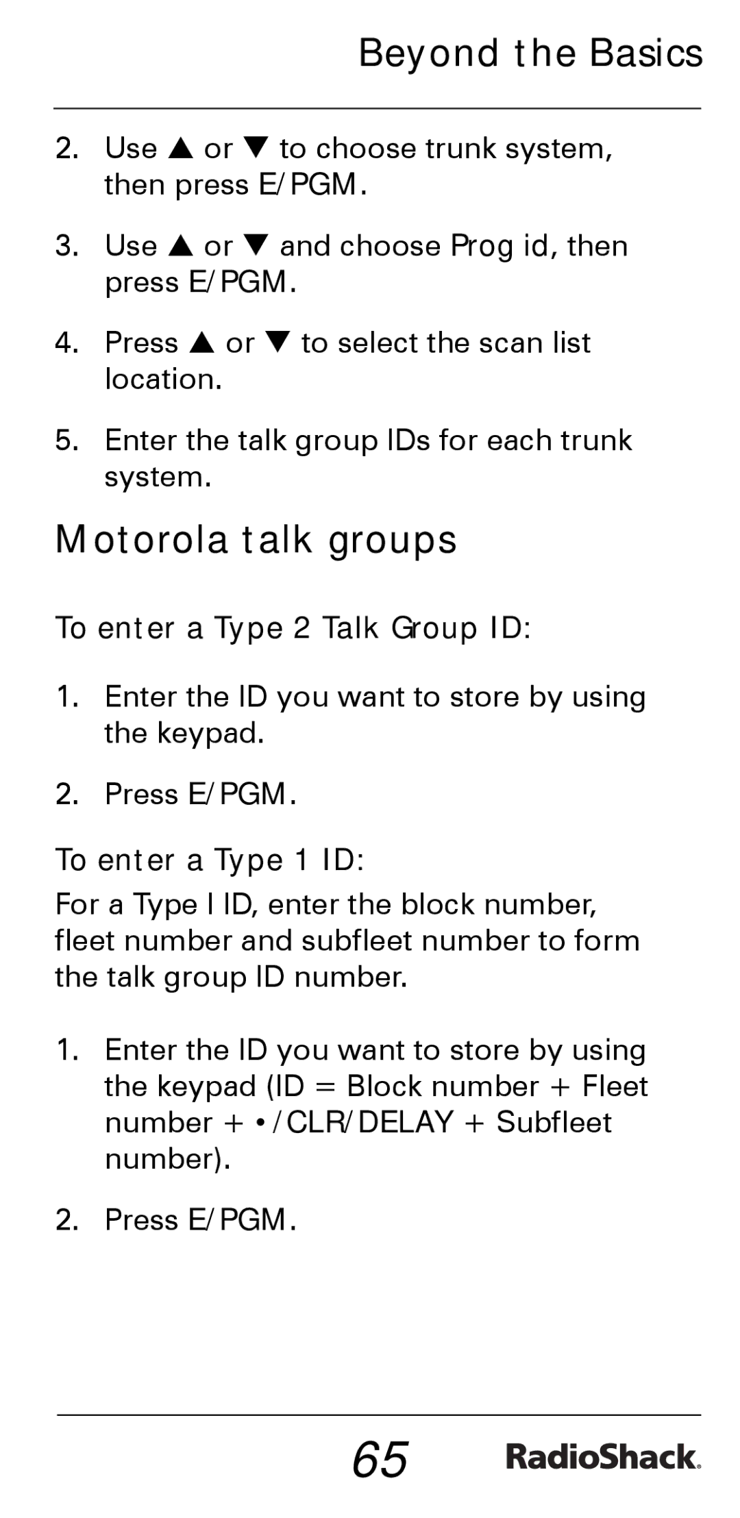 Radio Shack PRO-528 manual Motorola talk groups, To enter a Type 2 Talk Group ID, To enter a Type 1 ID 