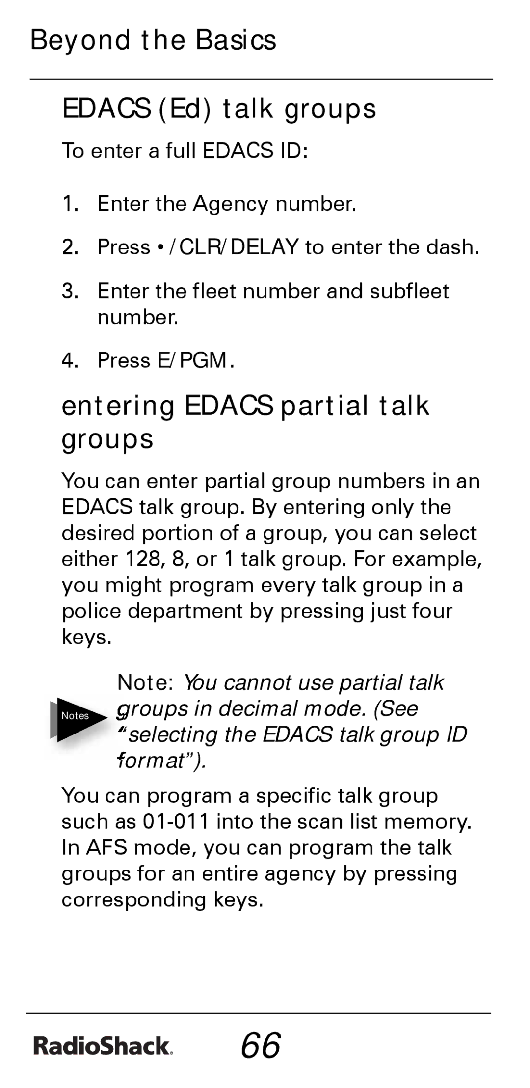 Radio Shack PRO-528 manual Beyond the Basics Edacs Ed talk groups, Entering Edacs partial talk groups 