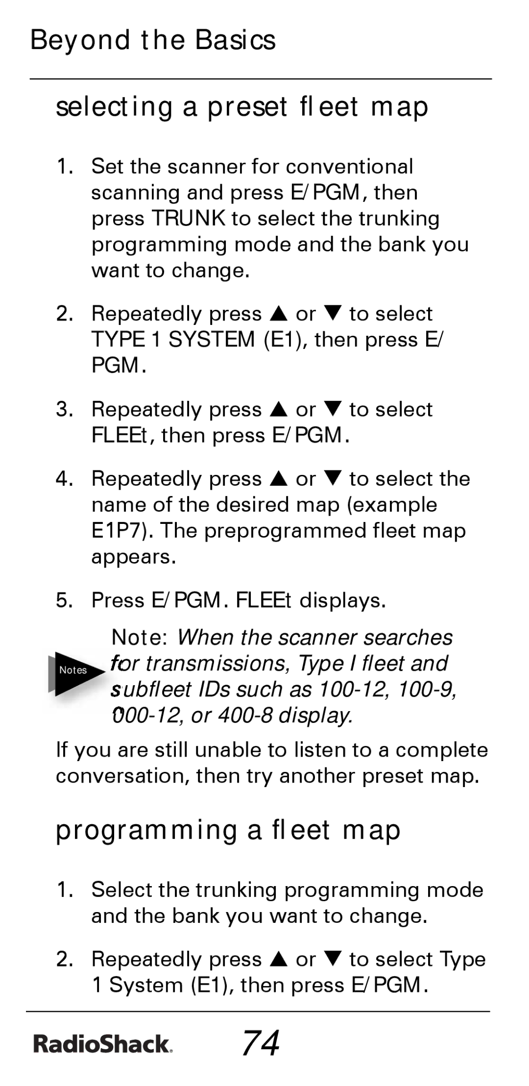 Radio Shack PRO-528 manual Beyond the Basics Selecting a preset ﬂeet map, Programming a ﬂeet map 