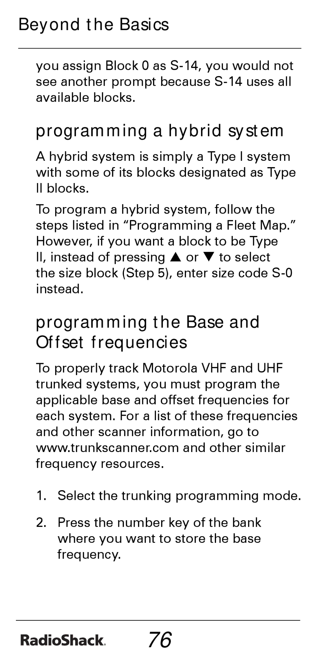 Radio Shack PRO-528 manual Programming a hybrid system, Programming the Base and Offset frequencies 