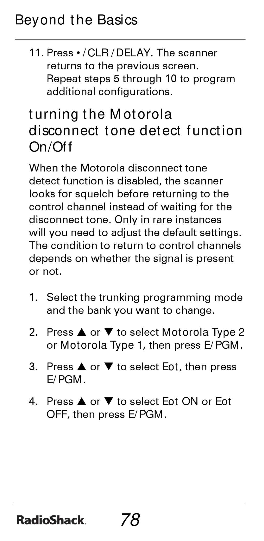 Radio Shack PRO-528 manual Turning the Motorola disconnect tone detect function On/Off 