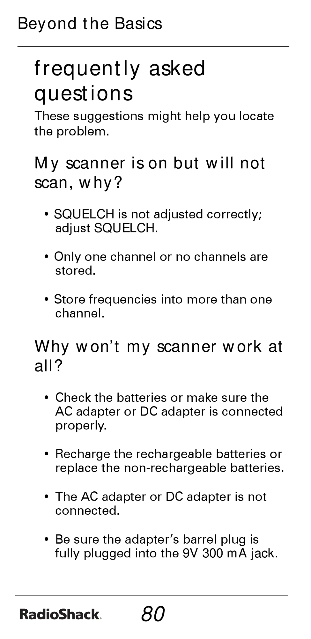 Radio Shack PRO-528 manual My scanner is on but will not scan, why?, Why won’t my scanner work at all? 