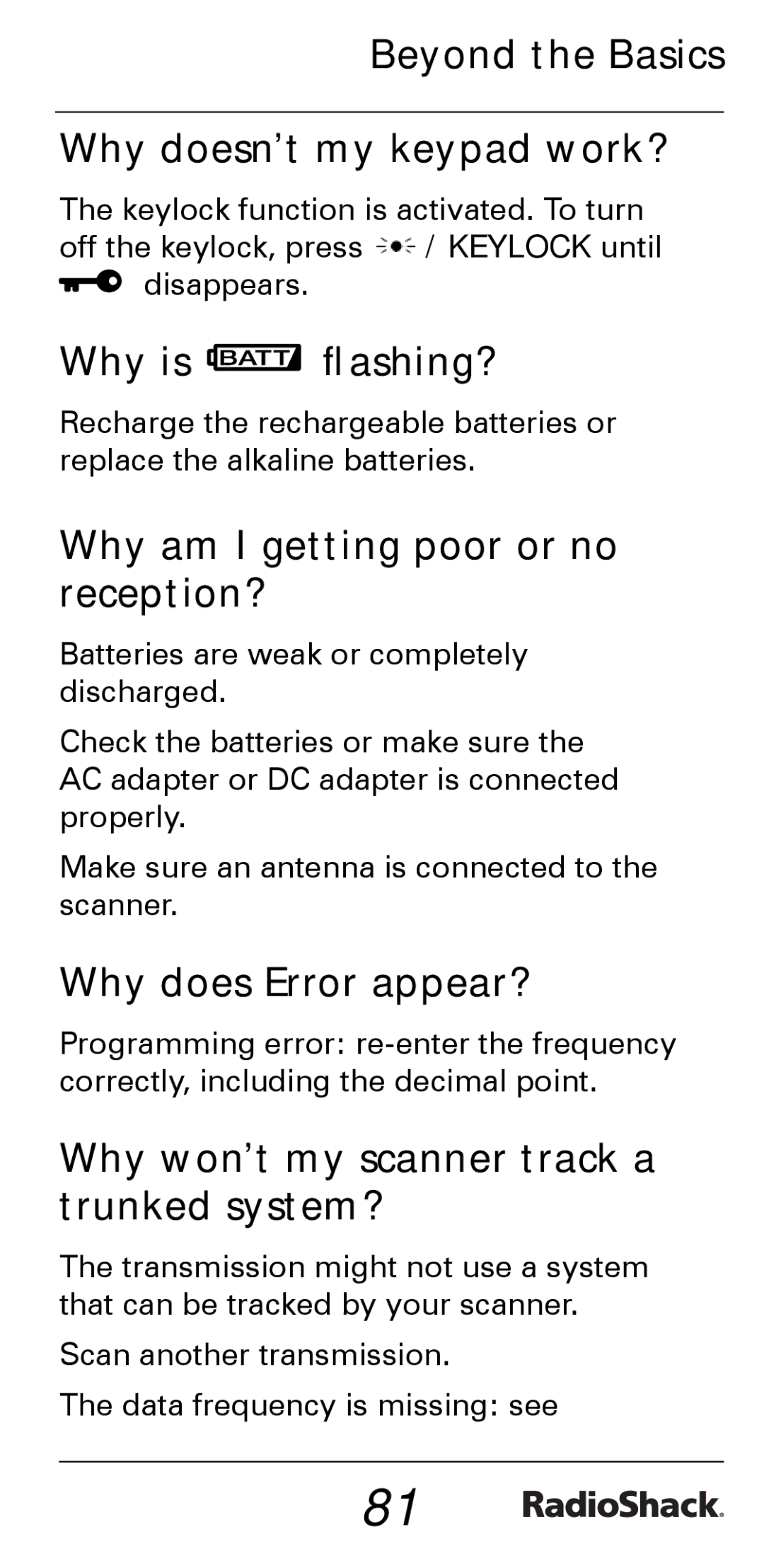 Radio Shack PRO-528 Beyond the Basics Why doesn’t my keypad work?, Why is ﬂashing?, Why am I getting poor or no reception? 