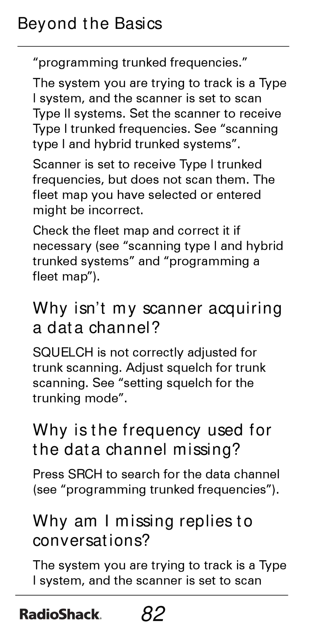 Radio Shack PRO-528 manual Why isn’t my scanner acquiring a data channel?, Why am I missing replies to conversations? 