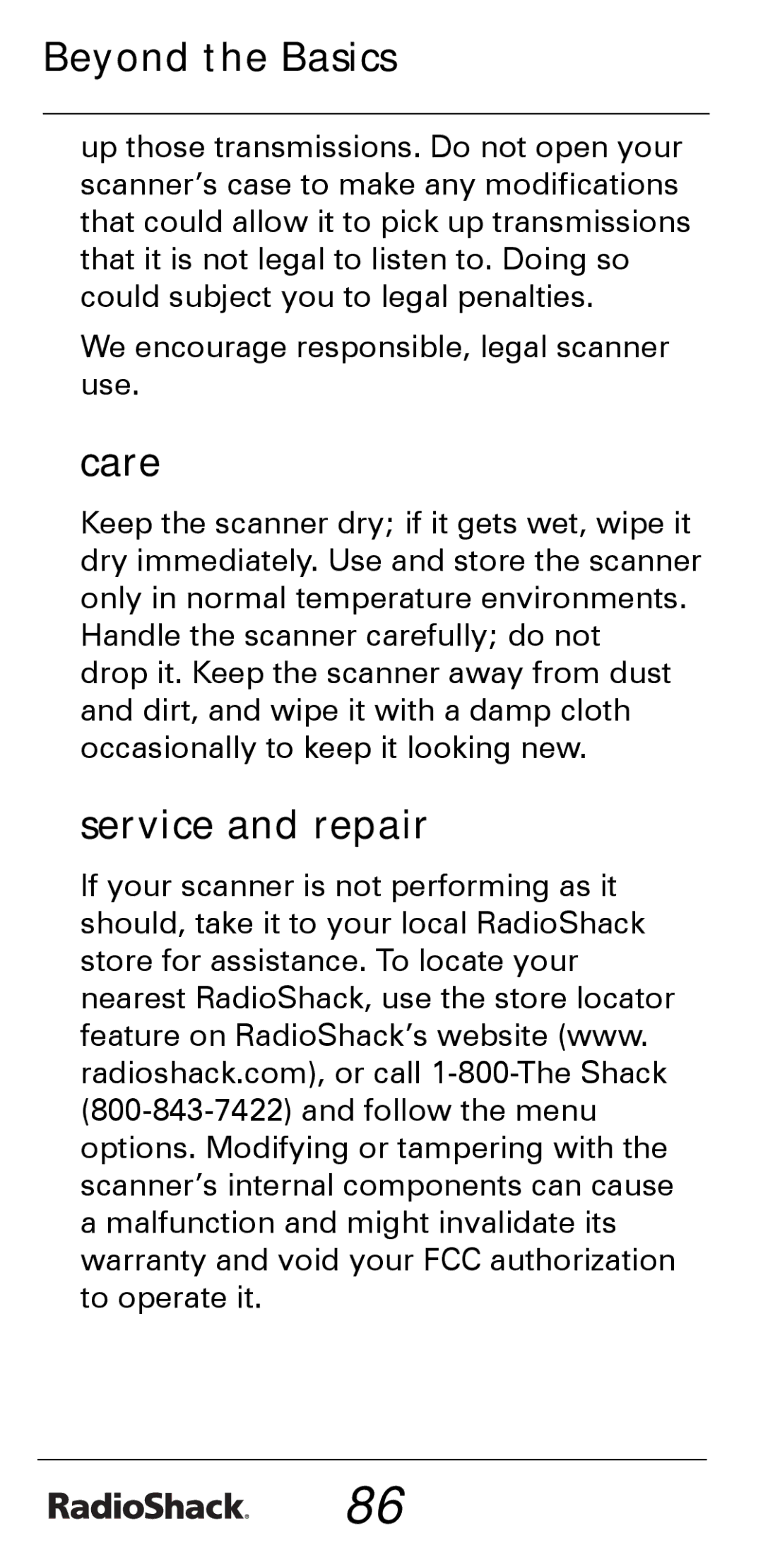 Radio Shack PRO-528 manual Care, Service and repair 