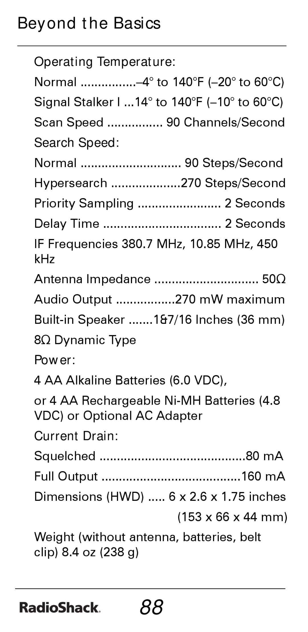 Radio Shack PRO-528 manual Operating Temperature, Search Speed, Power, Current Drain 