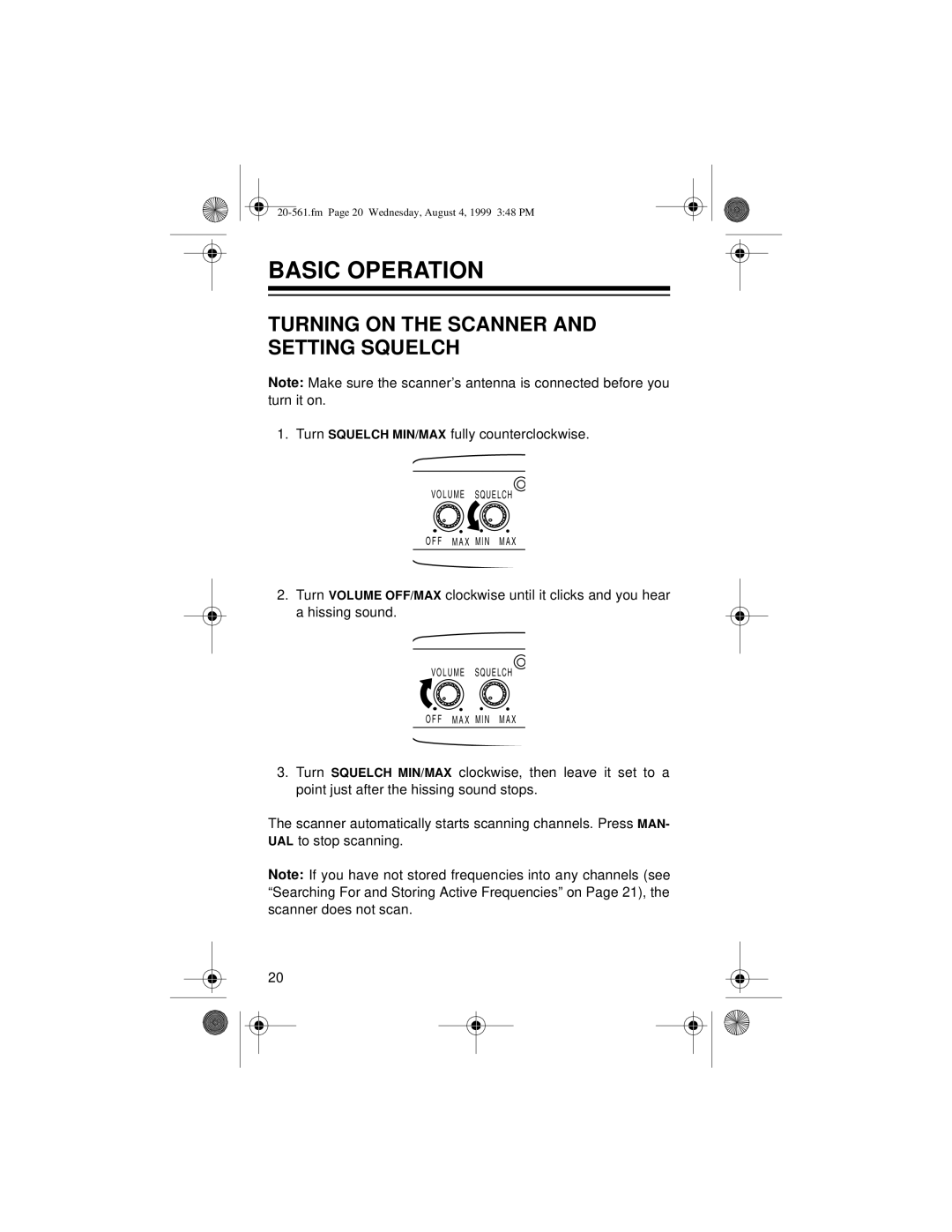 Radio Shack PRO-63 owner manual Basic Operation, Turning on the Scanner and Setting Squelch 