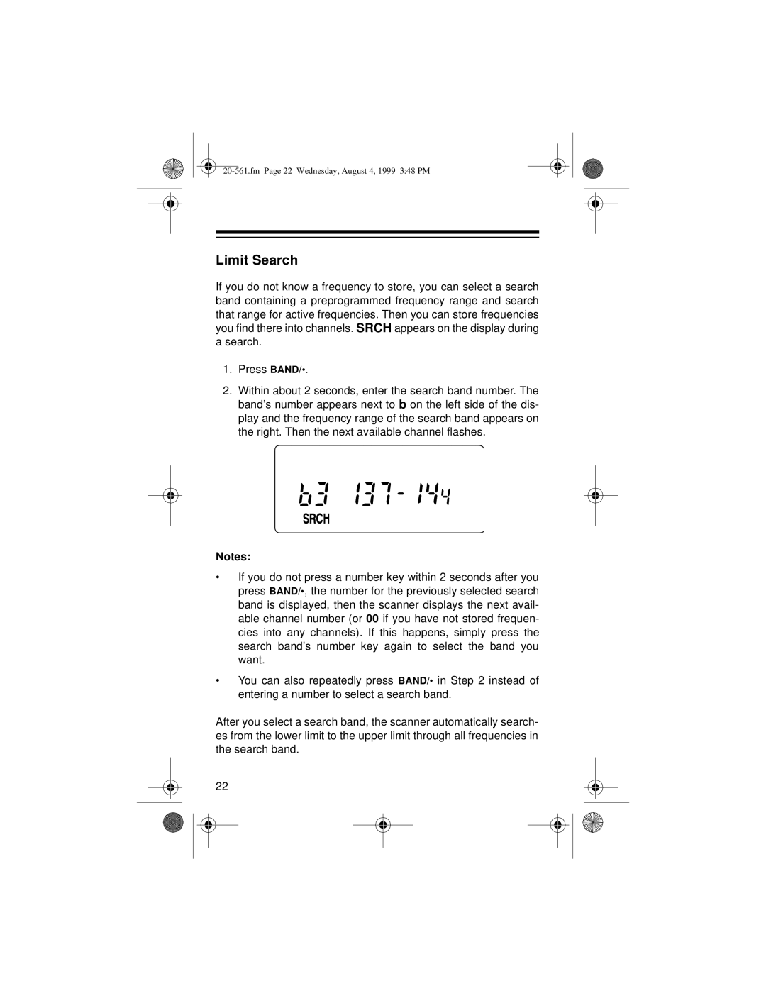 Radio Shack PRO-63 owner manual Limit Search, Search Press Band 