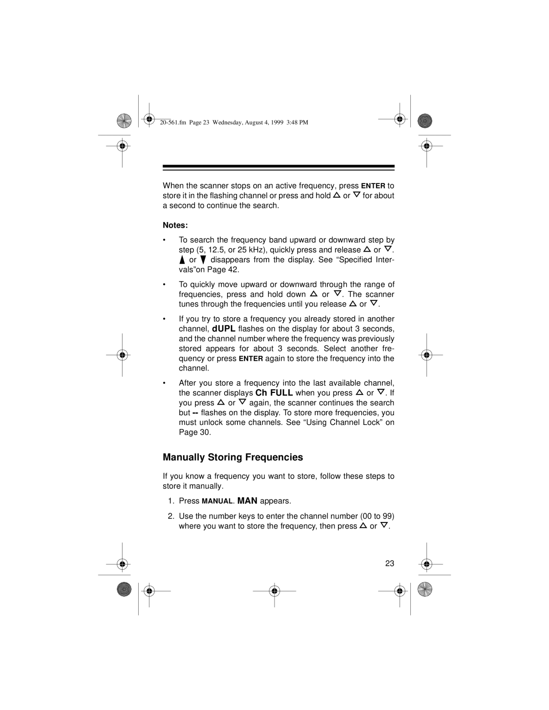 Radio Shack PRO-63 owner manual Manually Storing Frequencies 