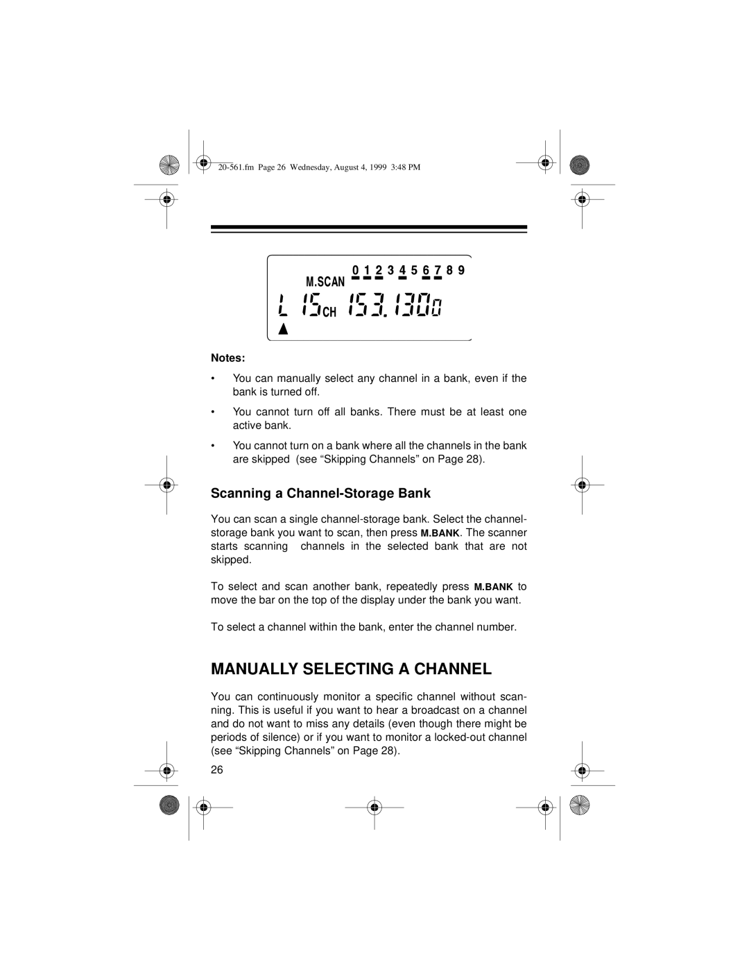 Radio Shack PRO-63 owner manual Manually Selecting a Channel, Scanning a Channel-Storage Bank 