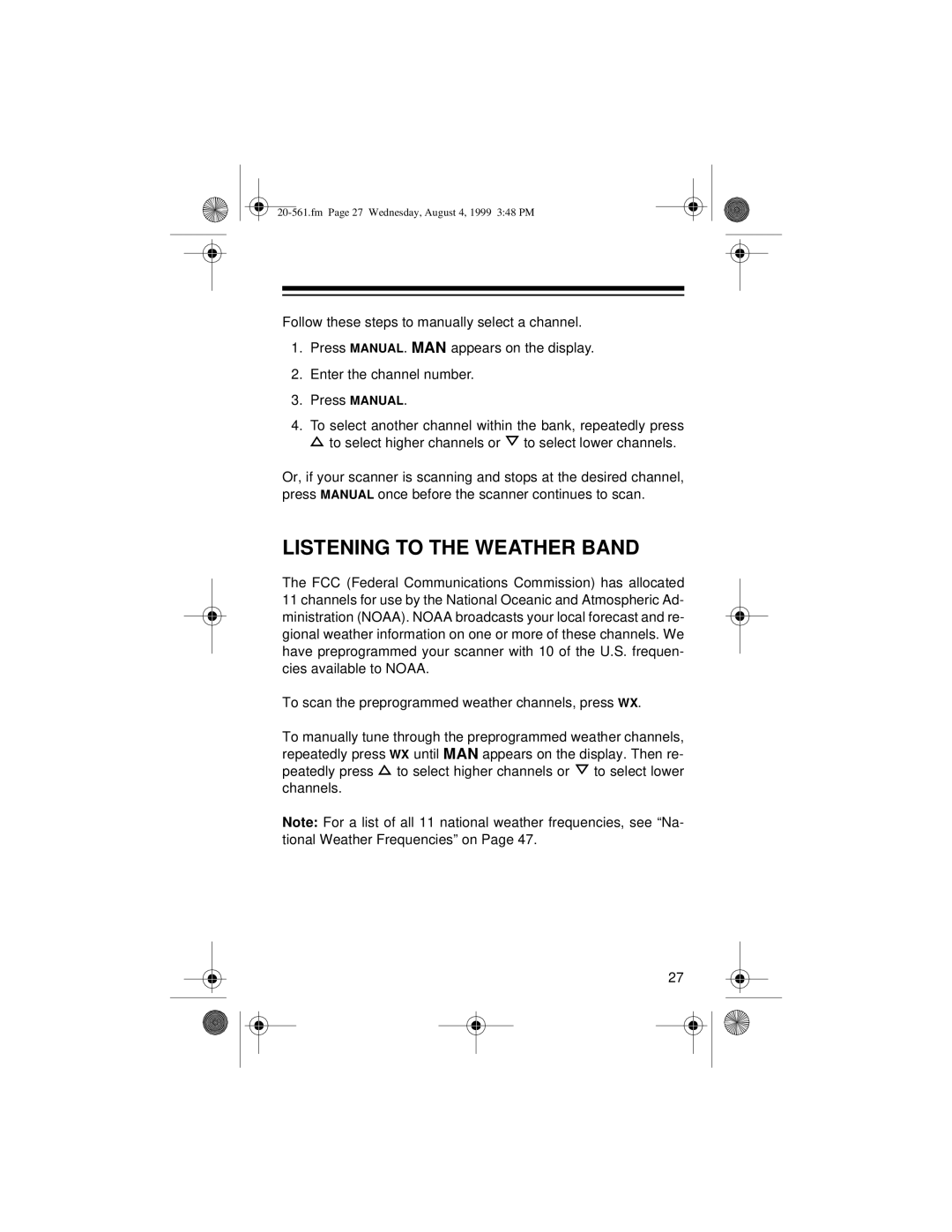 Radio Shack PRO-63 owner manual Listening to the Weather Band 