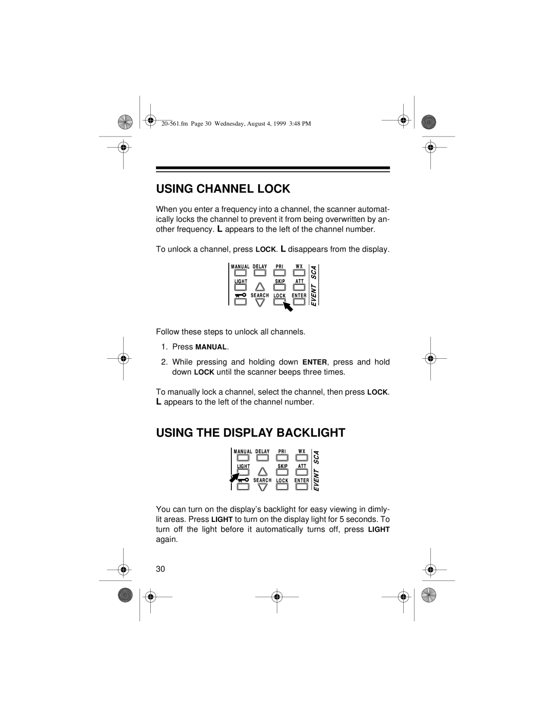 Radio Shack PRO-63 owner manual Using Channel Lock, Using the Display Backlight 