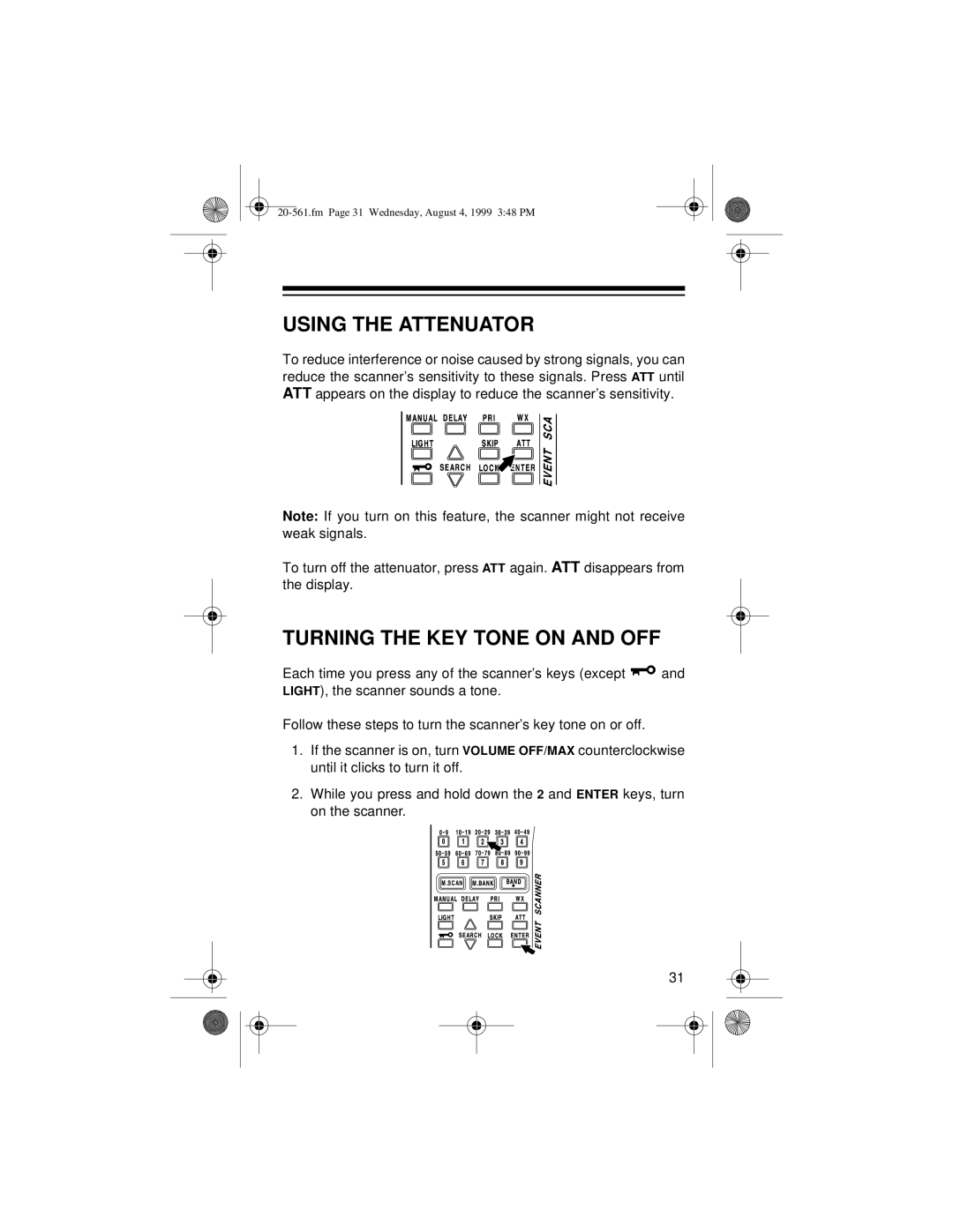 Radio Shack PRO-63 owner manual Using the Attenuator, Turning the KEY Tone on and OFF 