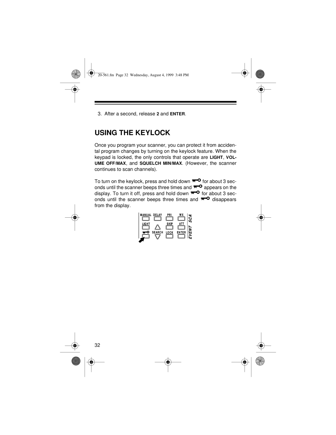 Radio Shack PRO-63 owner manual Using the Keylock 