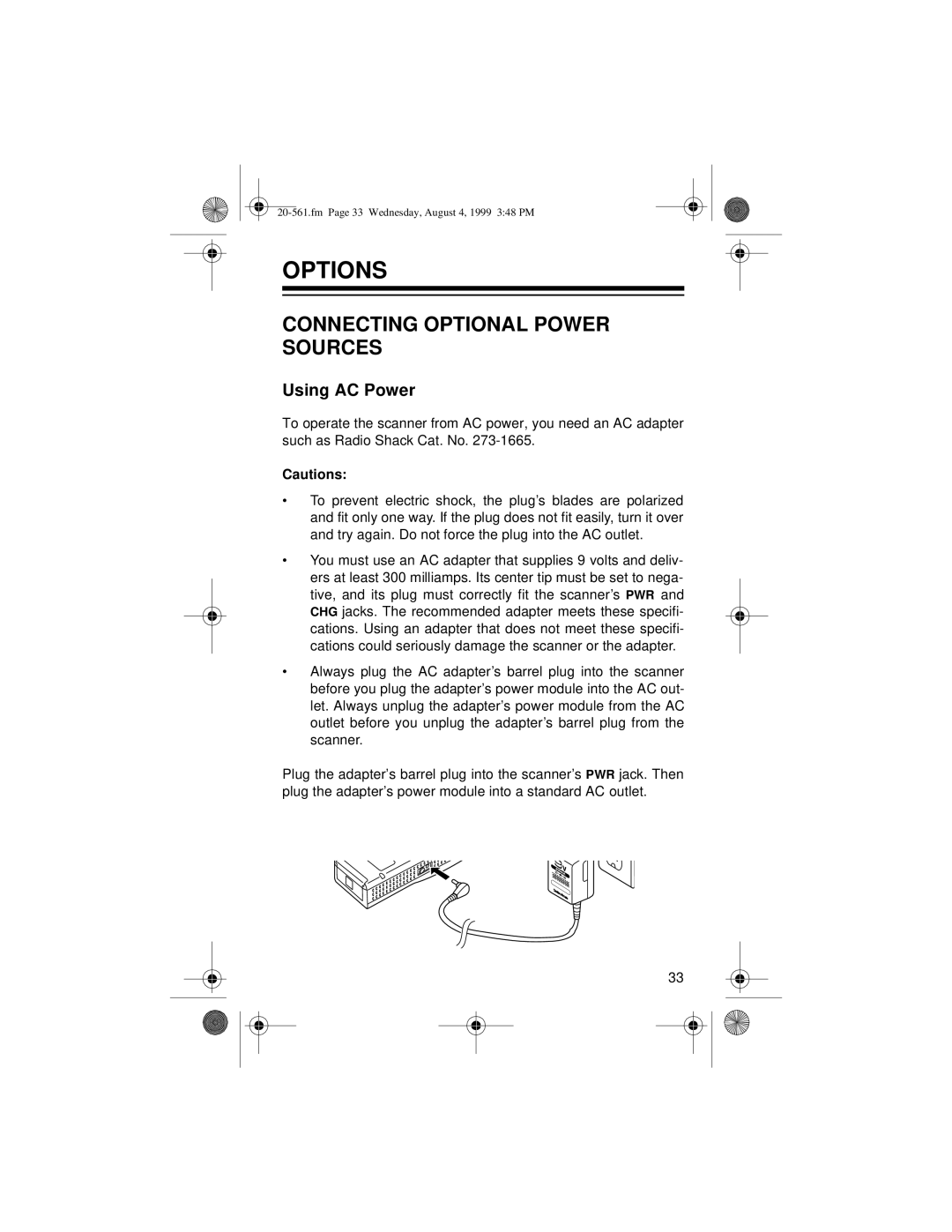 Radio Shack PRO-63 owner manual Options, Connecting Optional Power Sources, Using AC Power 