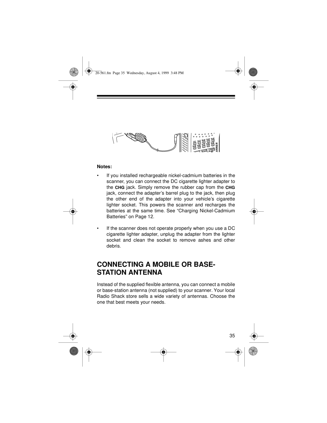 Radio Shack PRO-63 owner manual Connecting a Mobile or BASE- Station Antenna 