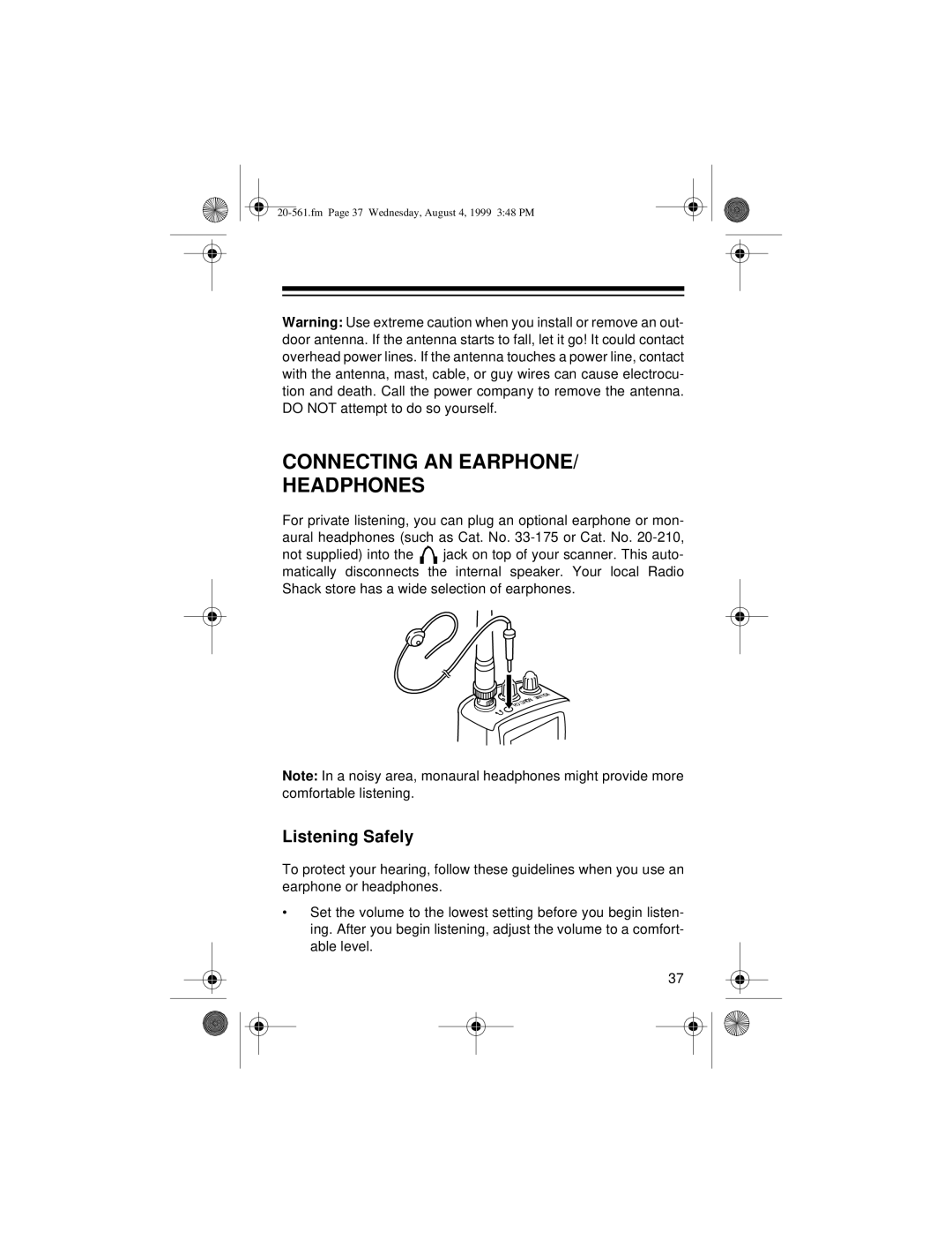 Radio Shack PRO-63 owner manual Connecting AN Earphone Headphones, Listening Safely 