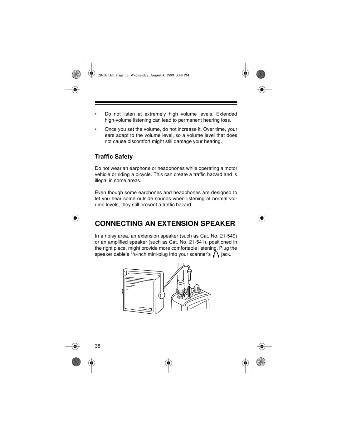 Radio Shack PRO-63 owner manual Connecting AN Extension Speaker, Traffic Safety 