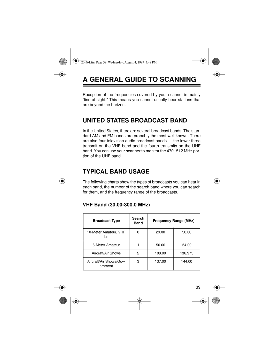 Radio Shack PRO-63 General Guide to Scanning, United States Broadcast Band, Typical Band Usage, VHF Band 30.00-300.0 MHz 