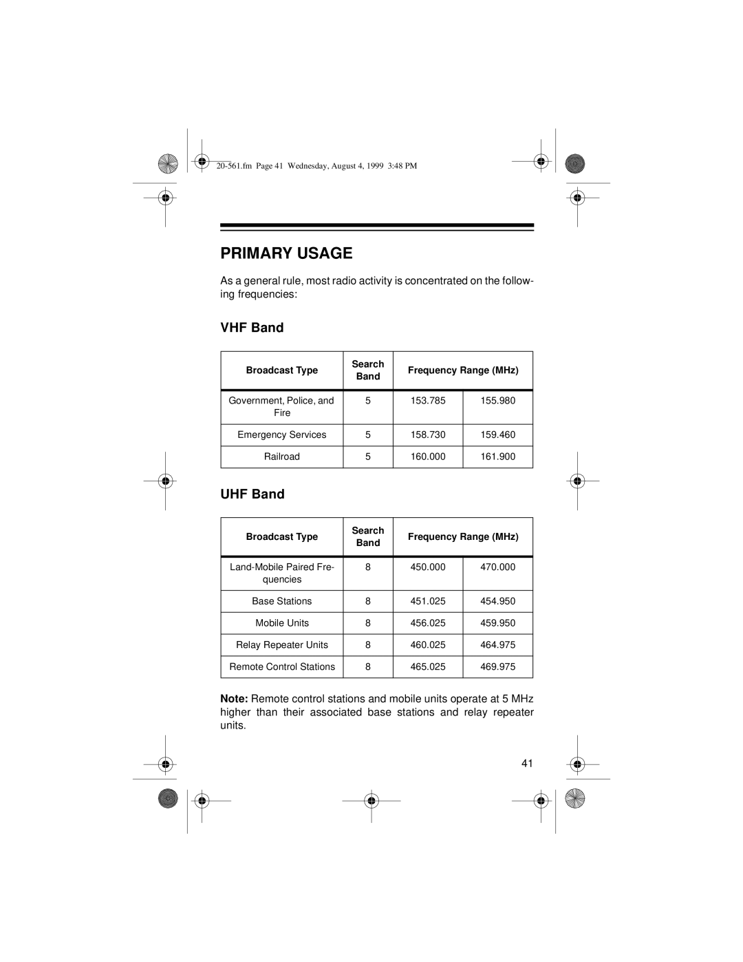 Radio Shack PRO-63 owner manual Primary Usage, VHF Band, UHF Band 