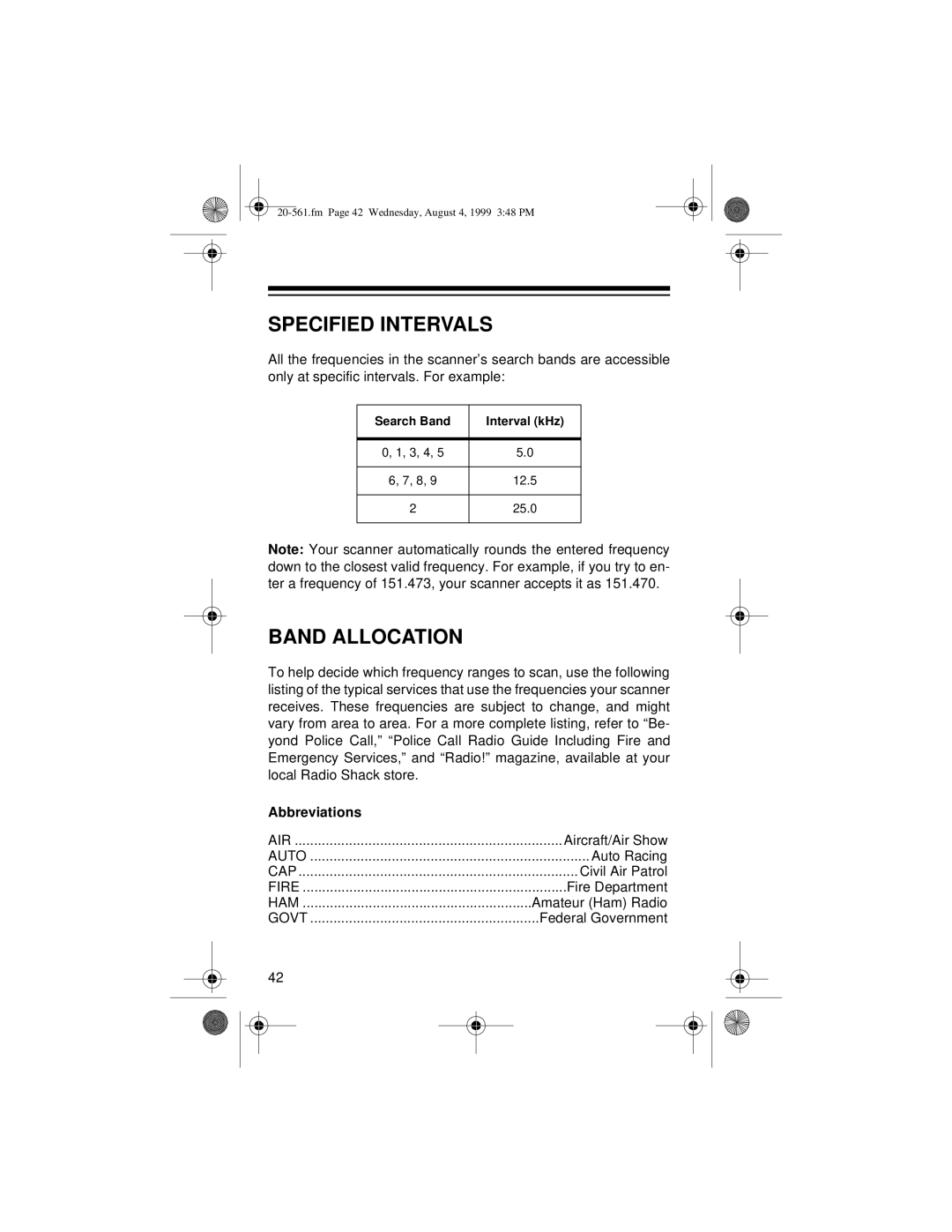 Radio Shack PRO-63 owner manual Specified Intervals, Band Allocation 