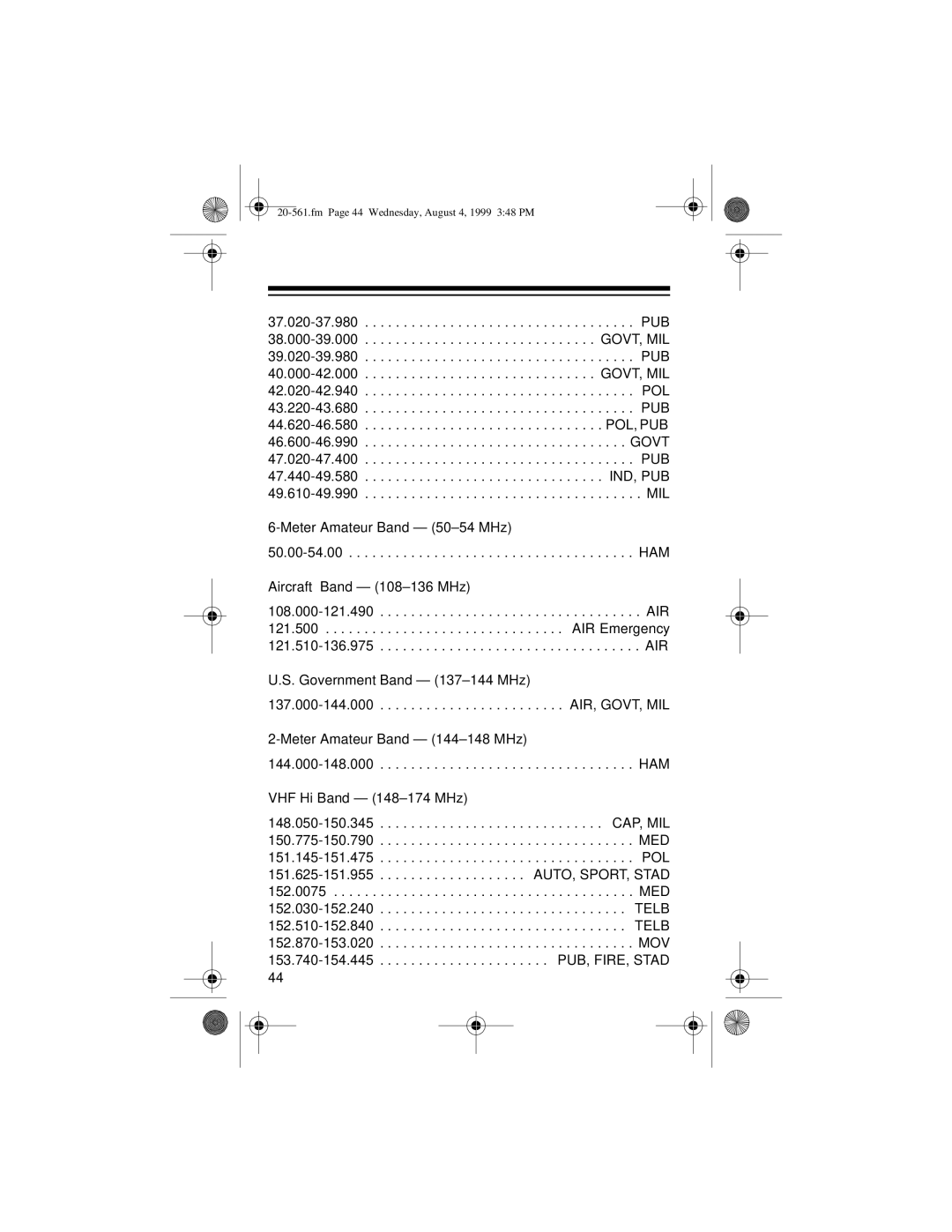 Radio Shack PRO-63 owner manual Fm Page 44 Wednesday, August 4, 1999 348 PM 