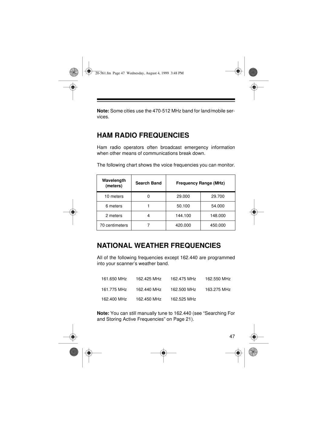 Radio Shack PRO-63 owner manual HAM Radio Frequencies, National Weather Frequencies 