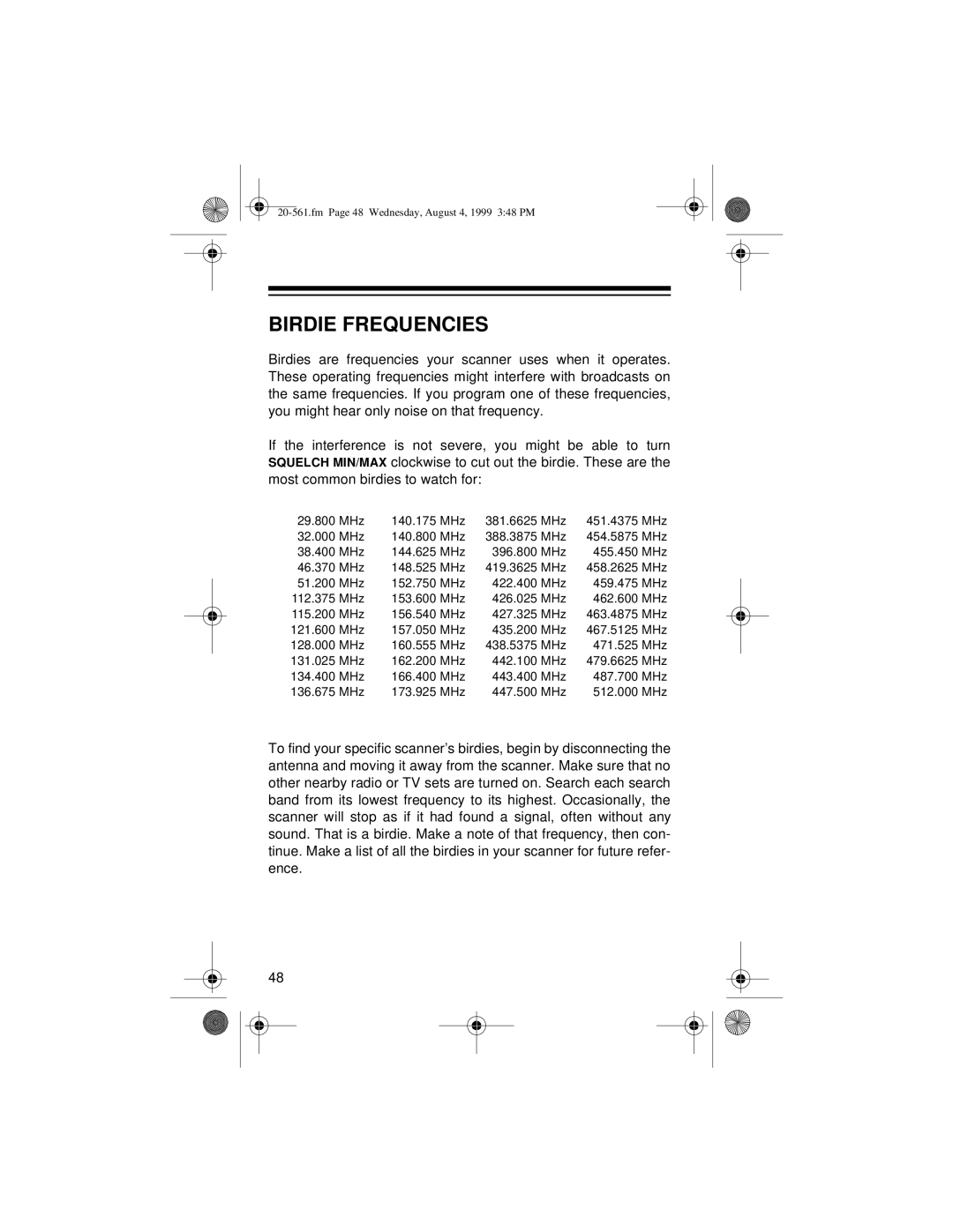 Radio Shack PRO-63 owner manual Birdie Frequencies 